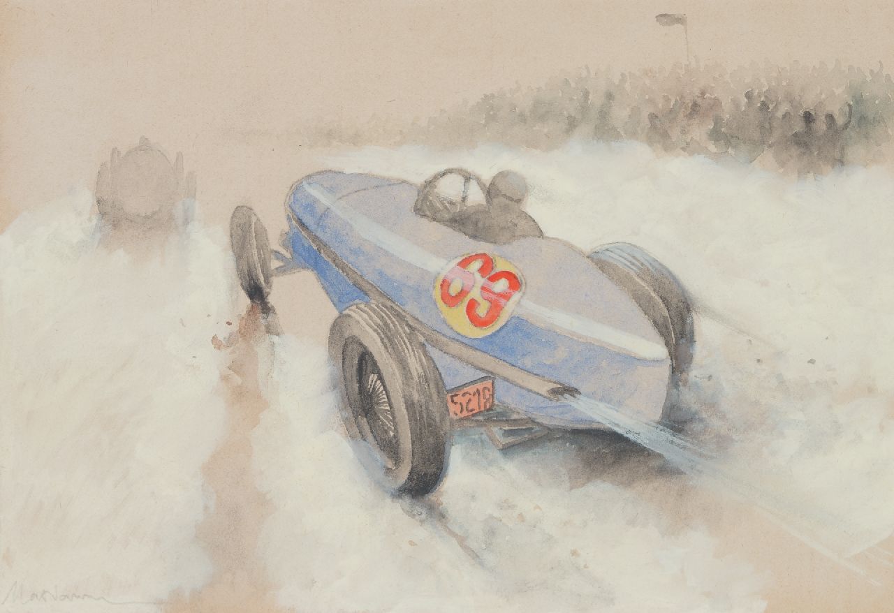 Onbekend   | Onbekend | Aquarellen en tekeningen te koop aangeboden | Raceauto nr. 69 in actie (set van 5, prijs per stuk), potlood, aquarel en gouache op papier 20,0 x 29,1 cm, gesigneerd linksonder