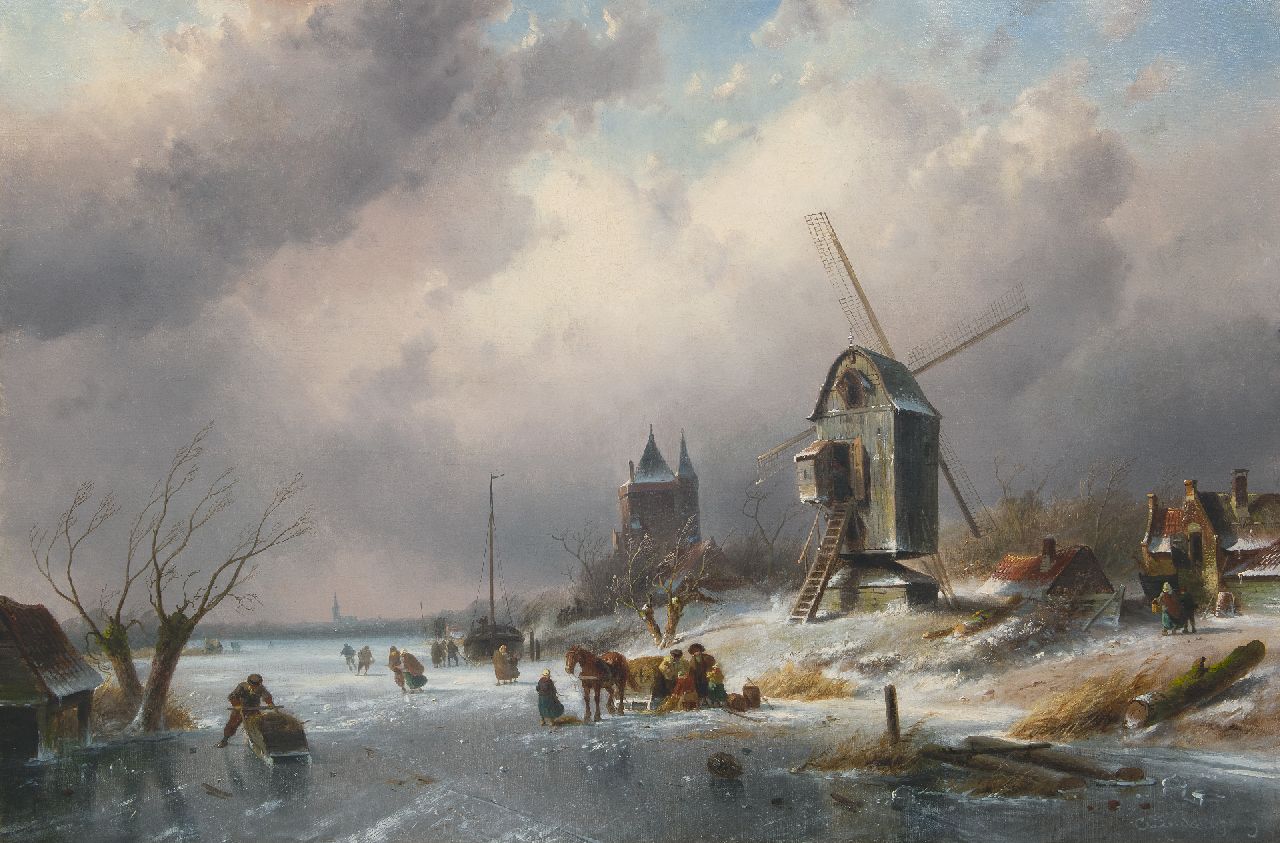 Leickert C.H.J.  | 'Charles' Henri Joseph Leickert, IJsgezicht met schaatsers, paardenslee en molen, olieverf op doek 77,8 x 115,1 cm, gesigneerd rechtsonder