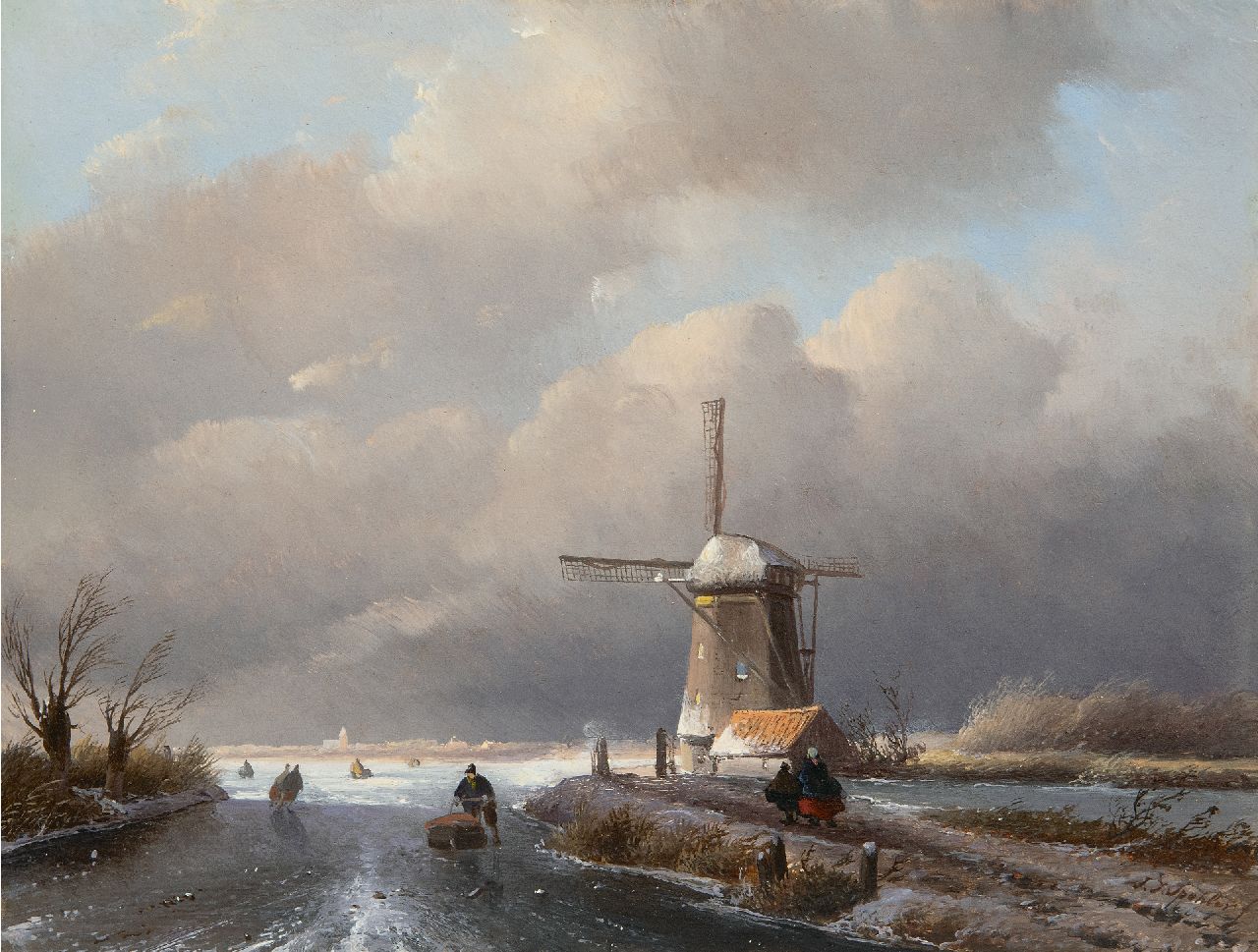 Spohler J.J. | Jan Jacob Spohler | Schilderijen te koop aangeboden | IJsgezicht met schaatsers bij een molen op een bewolkte dag, olieverf op paneel 24,1 x 31,7 cm, gesigneerd rechtsonder Spohler J.J. | Jan Jacob Spohler | Schilderijen te koop aangeboden | IJsgezicht met schaatsers bij een molen op een bewolkte dag, olieverf op paneel 24,1 x 31,7 cm, gesigneerd rechtsonder