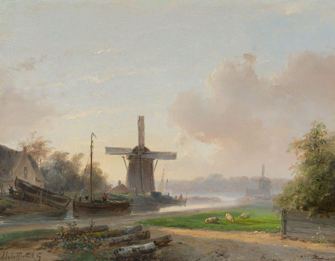 Schelfhout A.  | Andreas Schelfhout, Vroege ochtend bij een scheepswerfje (alleen tezamen met pendant winter), olieverf op paneel 25,4 x 32,8 cm, gesigneerd linksonder