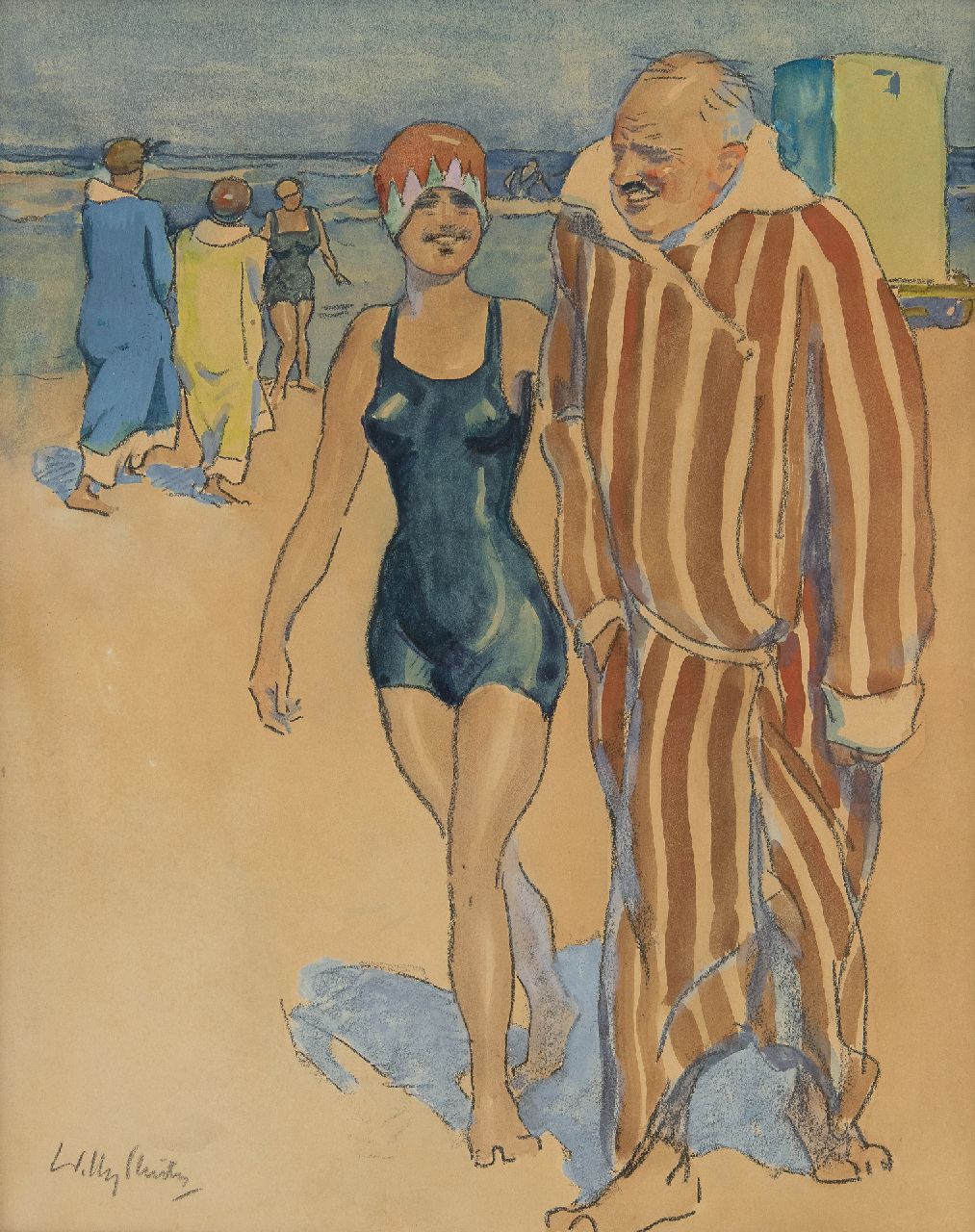 Sluiter J.W.  | Jan Willem 'Willy' Sluiter | Aquarellen en tekeningen te koop aangeboden | Na de duik in zee, Scheveningen, krijt en aquarel op board 47,0 x 37,0 cm, gesigneerd linksonder
