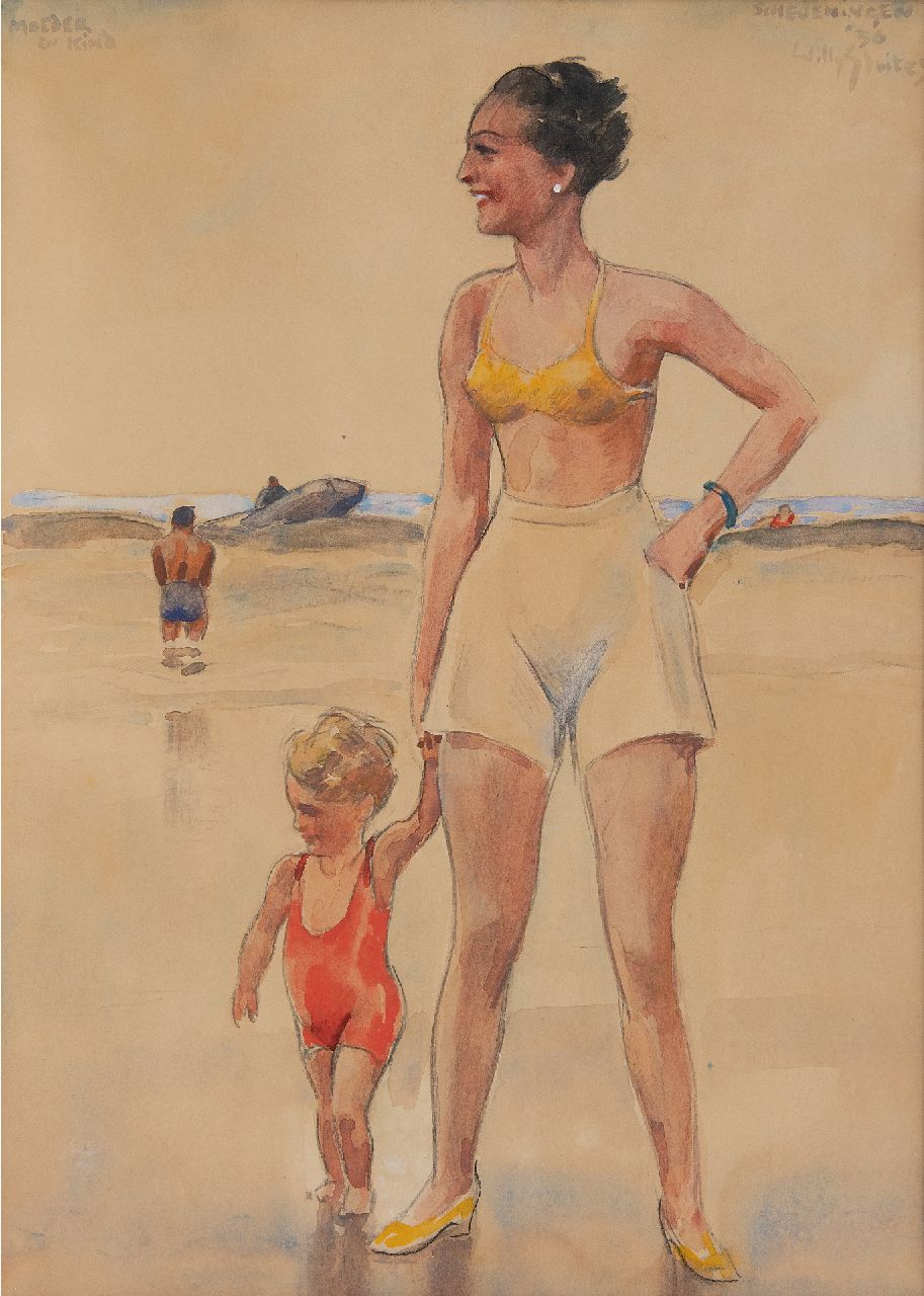 Sluiter J.W. | Jan Willem 'Willy' Sluiter, Moeder en kind aan zee, Scheveningen, krijt en aquarel op board 49,0 x 35,7 cm, gesigneerd rechtsboven en gedateerd 'Scheveningen' '36 GERESERVEERD Sluiter J.W. | Jan Willem 'Willy' Sluiter, Moeder en kind aan zee, Scheveningen, krijt en aquarel op board 49,0 x 35,7 cm, gesigneerd rechtsboven en gedateerd 'Scheveningen' '36 GERESERVEERD