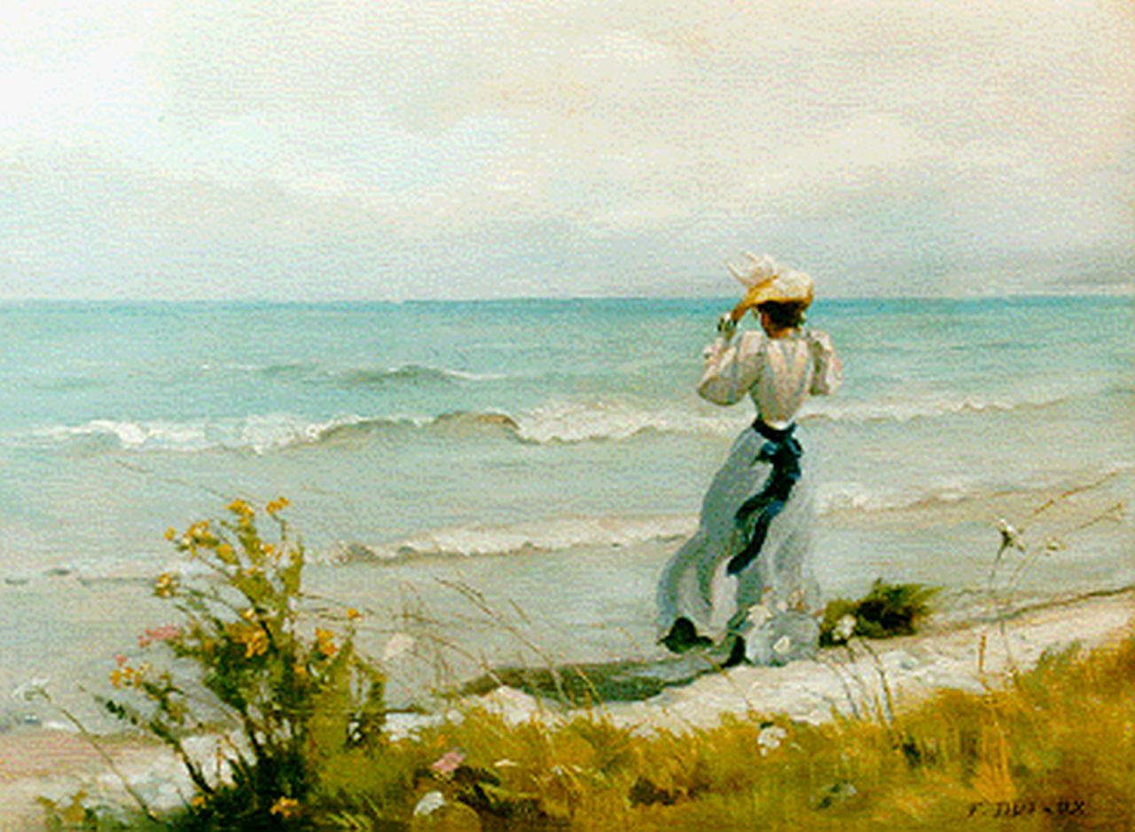 Dufaux F.  | Frédéric II Dufaux, Jonge vrouw aan het strand, olieverf op doek 29,8 x 40,4 cm, gesigneerd rechtsonder