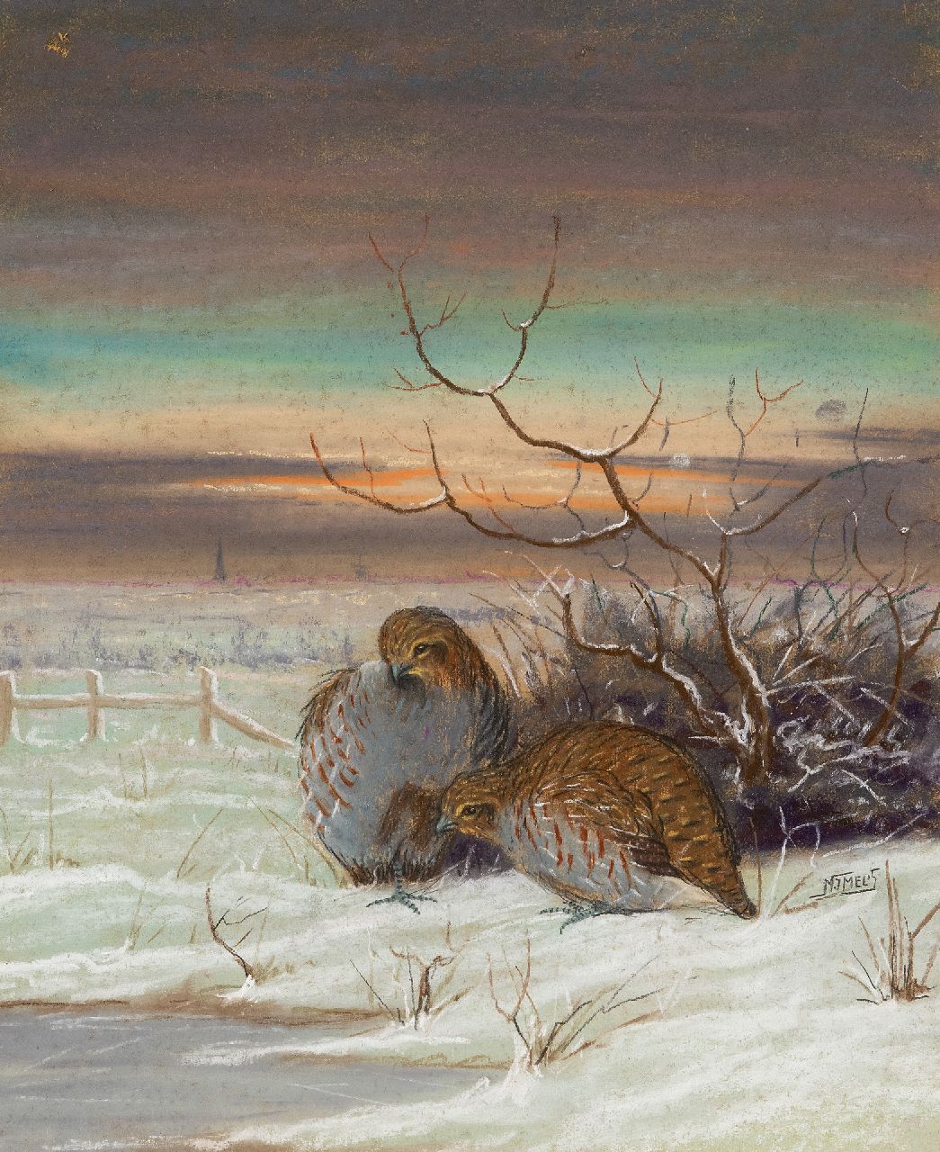 Melis N.J.  | Nicolaas Jan Melis | Aquarellen en tekeningen te koop aangeboden | Patrijzen in een sneeuwlandschap, krijt en aquarel op board 48,8 x 41,0 cm, gesigneerd rechts van het midden