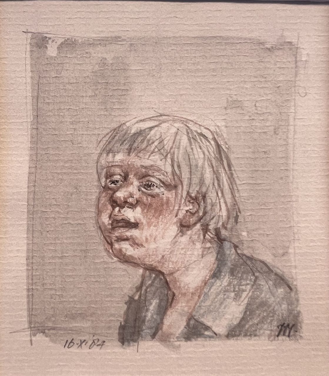 Peter Vos | Portret van een jongen, potlood en aquarel op papier, 11,7 x 10,1 cm, gesigneerd r.o. (in potlood) en gedateerd 16.X.'84 gratis bij 'plassende man' Peter Vos | Portret van een jongen, potlood en aquarel op papier, 11,7 x 10,1 cm, gesigneerd r.o. (in potlood) en gedateerd 16.X.'84 gratis bij 'plassende man'