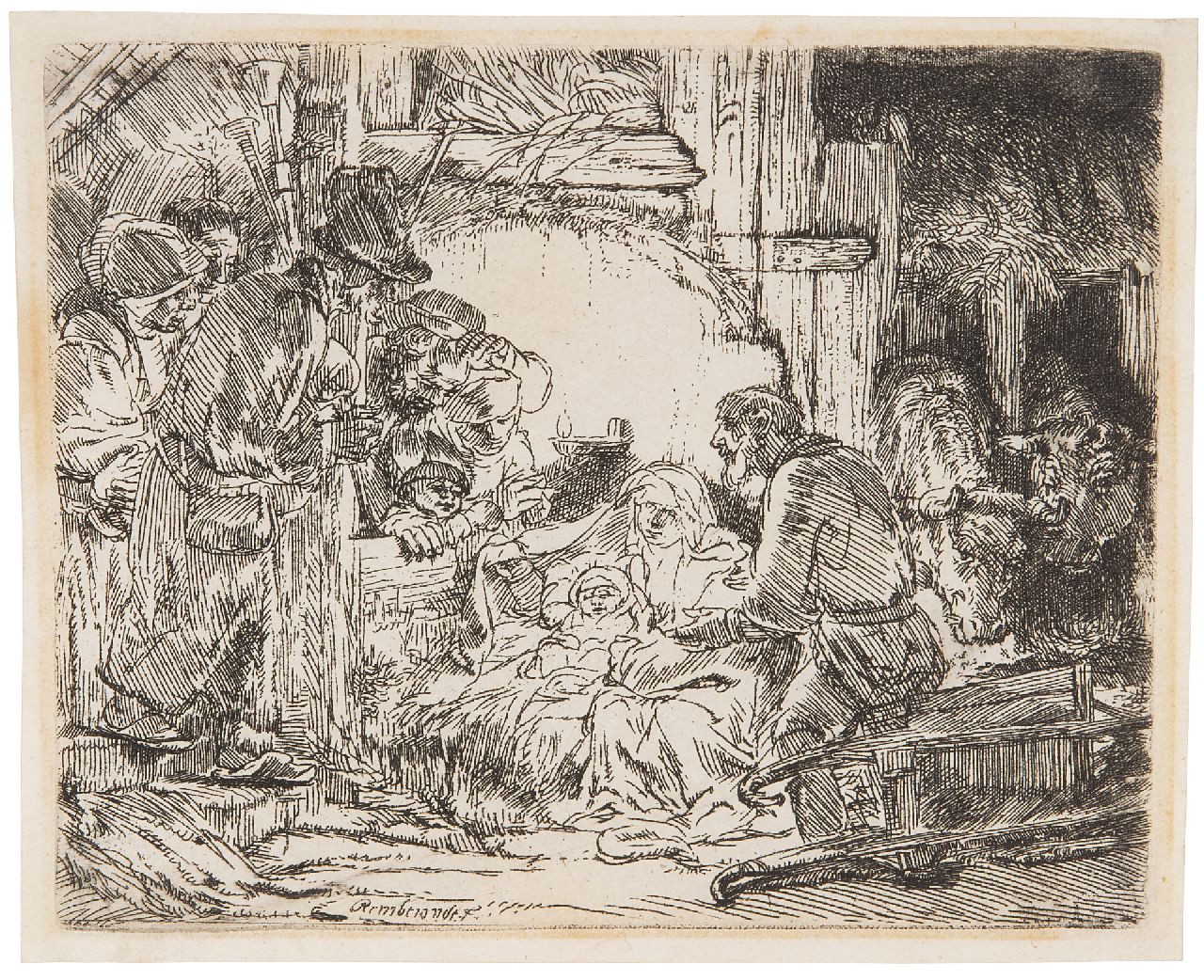 Rembrandt (Rembrandt Harmensz. van Rijn)   | Rembrandt (Rembrandt Harmensz. van Rijn), Aanbidding der herders (met de olielamp), ets 11,0 x 13,4 cm, gesigneerd l. v.h.m. (in de plaat)