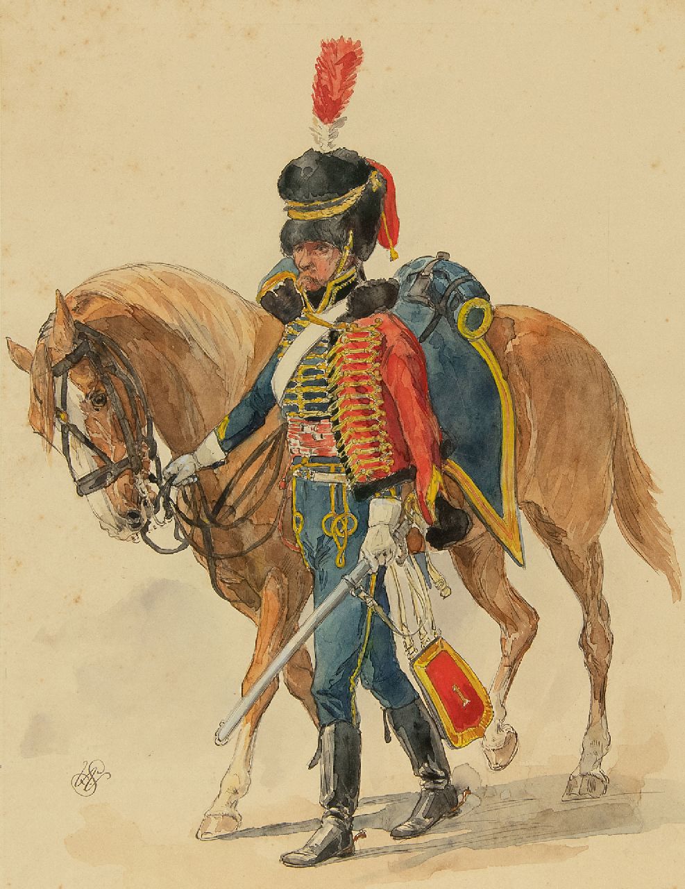 Staring W.C. | Willem Constantijn Staring | Aquarellen en tekeningen te koop aangeboden | Dragonder naast zijn paard, inkt en aquarel op papier 29,5 x 22,6 cm, gesigneerd linksonder met monogram Staring W.C. | Willem Constantijn Staring | Aquarellen en tekeningen te koop aangeboden | Dragonder naast zijn paard, inkt en aquarel op papier 29,5 x 22,6 cm, gesigneerd linksonder met monogram