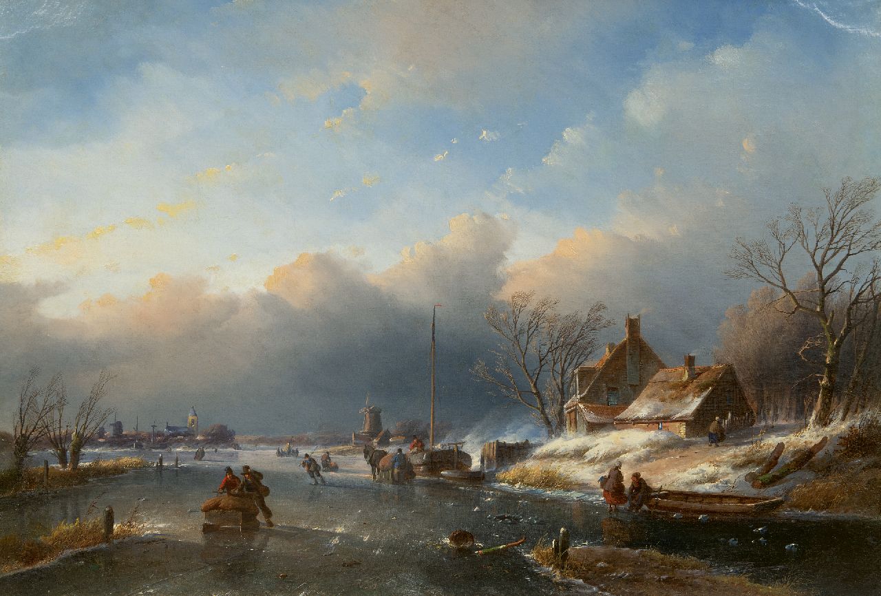 Spohler J.J.  | Jan Jacob Spohler | Schilderijen te koop aangeboden | IJsgezicht met schaatsers, olieverf op doek 59,5 x 80,5 cm, gesigneerd linksonder