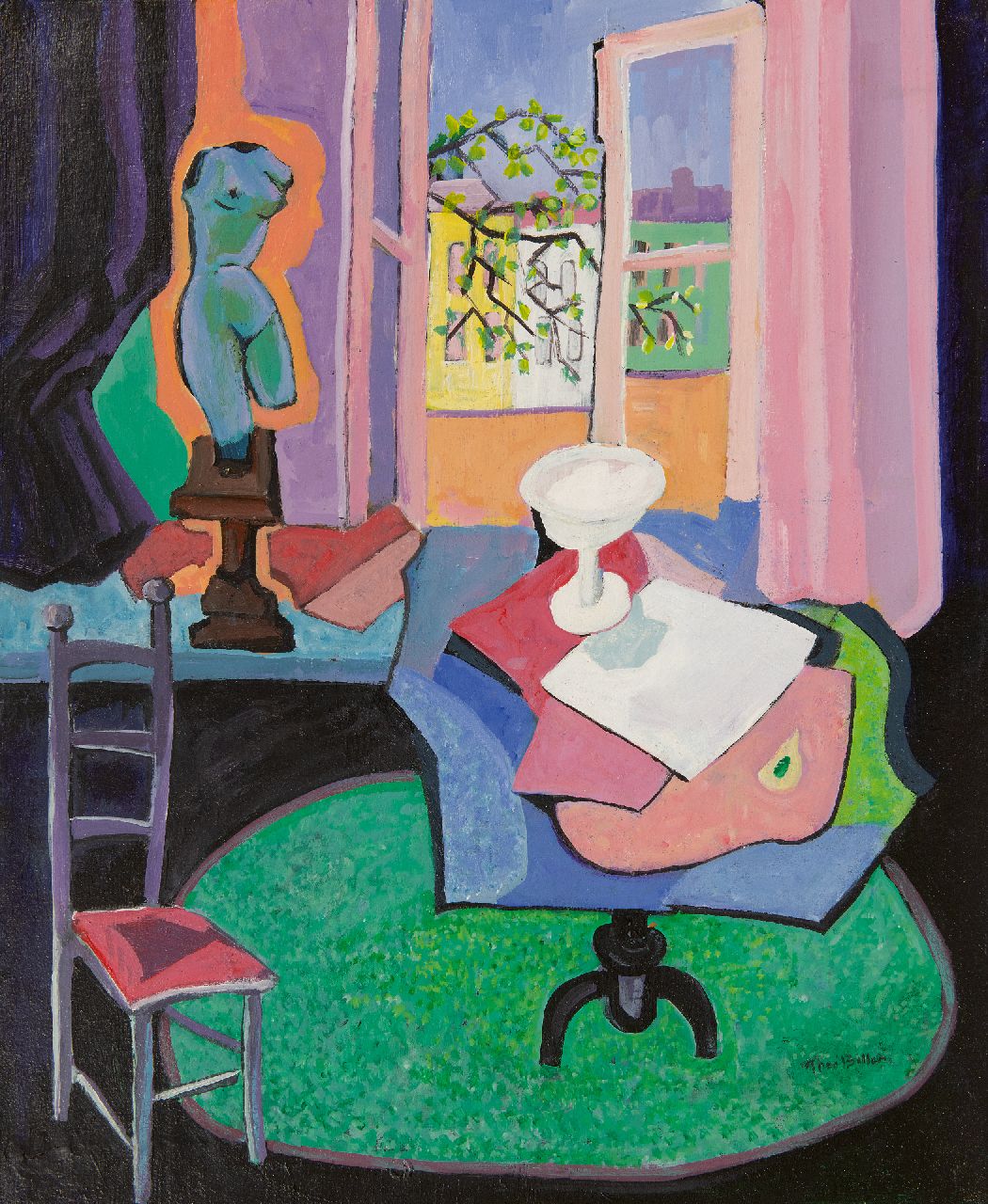 Bitter T. | Theodorus 'Theo' Bitter, Interieur met uitzicht (atelier Riouwstraat), olieverf op doek 50,3 x 40,0 cm, gesigneerd rechtsonder Bitter T. | Theodorus 'Theo' Bitter, Interieur met uitzicht (atelier Riouwstraat), olieverf op doek 50,3 x 40,0 cm, gesigneerd rechtsonder
