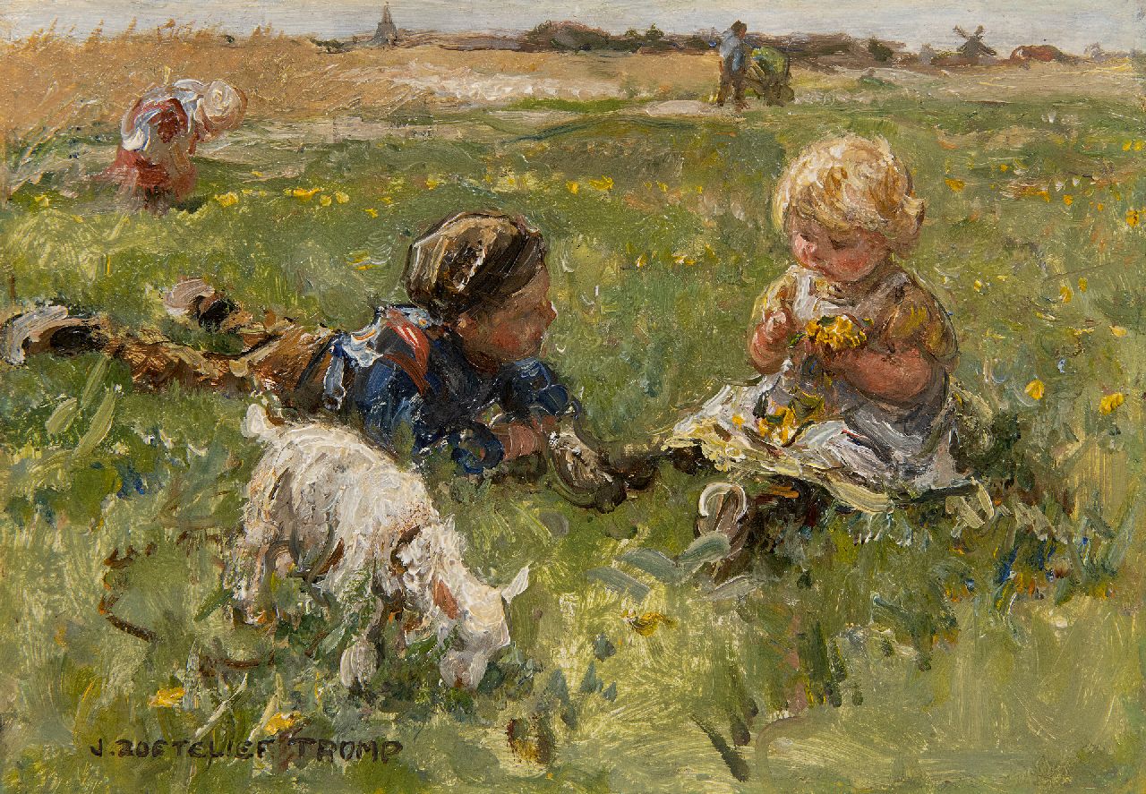 Zoetelief Tromp J.  | Johannes 'Jan' Zoetelief Tromp, Bloemen plukken bij Blaricum, olieverf op paneel 18,9 x 26,6 cm, gesigneerd linksonder