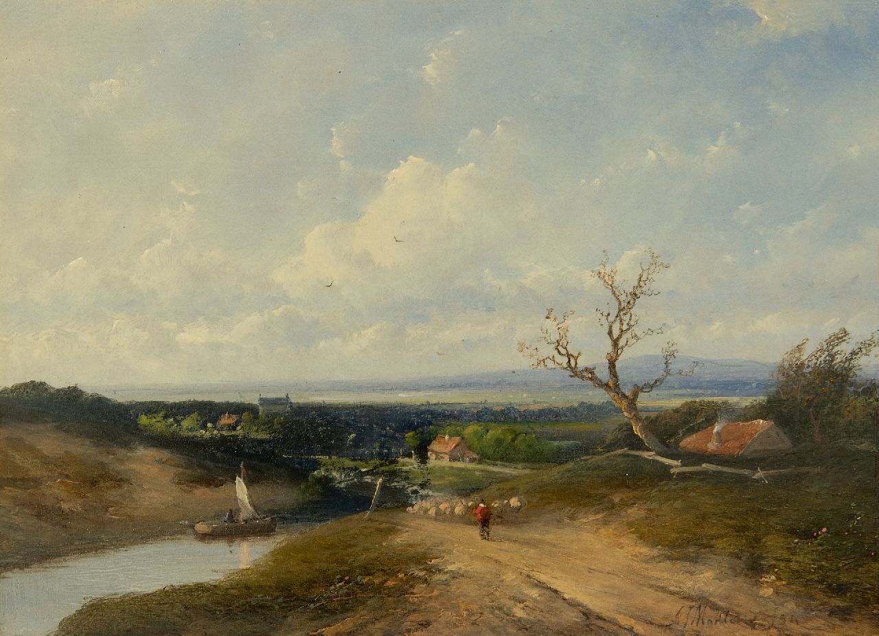 Madlener A.J. | Antonius Josephus Madlener | Schilderijen te koop aangeboden | Panoramisch landschap met herder en schapen, olieverf op paneel 21,7 x 29,7 cm, gesigneerd rechtsonder en gedateerd '54 Madlener A.J. | Antonius Josephus Madlener | Schilderijen te koop aangeboden | Panoramisch landschap met herder en schapen, olieverf op paneel 21,7 x 29,7 cm, gesigneerd rechtsonder en gedateerd '54