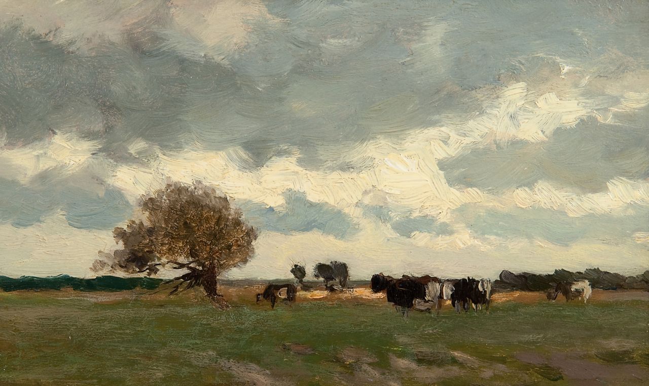 Weissenbruch H.J. | Hendrik Johannes 'J.H.' Weissenbruch, Landschap met koeien, olieverf op paneel 15,0 x 25,1 cm Weissenbruch H.J. | Hendrik Johannes 'J.H.' Weissenbruch, Landschap met koeien, olieverf op paneel 15,0 x 25,1 cm