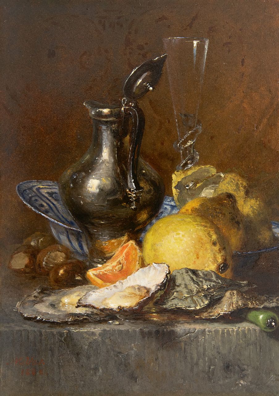 Vos M. | Maria Vos, Stilleven met oesters, citroenen en zilveren kan, olieverf op paneel 38,6 x 27,6 cm, gesigneerd linksonder en gedateerd 1880 Vos M. | Maria Vos, Stilleven met oesters, citroenen en zilveren kan, olieverf op paneel 38,6 x 27,6 cm, gesigneerd linksonder en gedateerd 1880