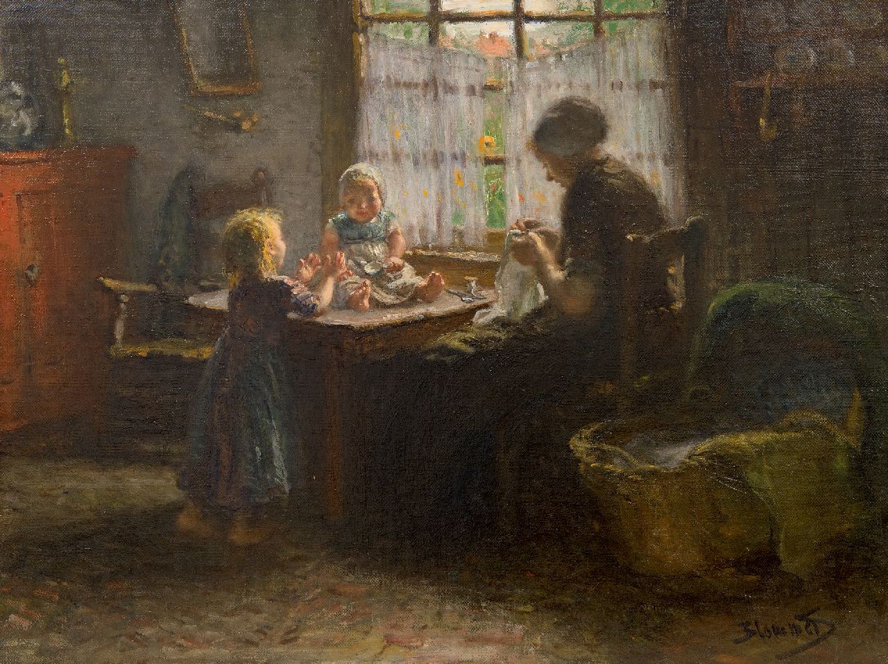 Blommers B.J.  | Bernardus Johannes 'Bernard' Blommers | Schilderijen te koop aangeboden | Samen aan de tafel, olieverf op doek 55,6 x 73,7 cm, gesigneerd rechtsonder