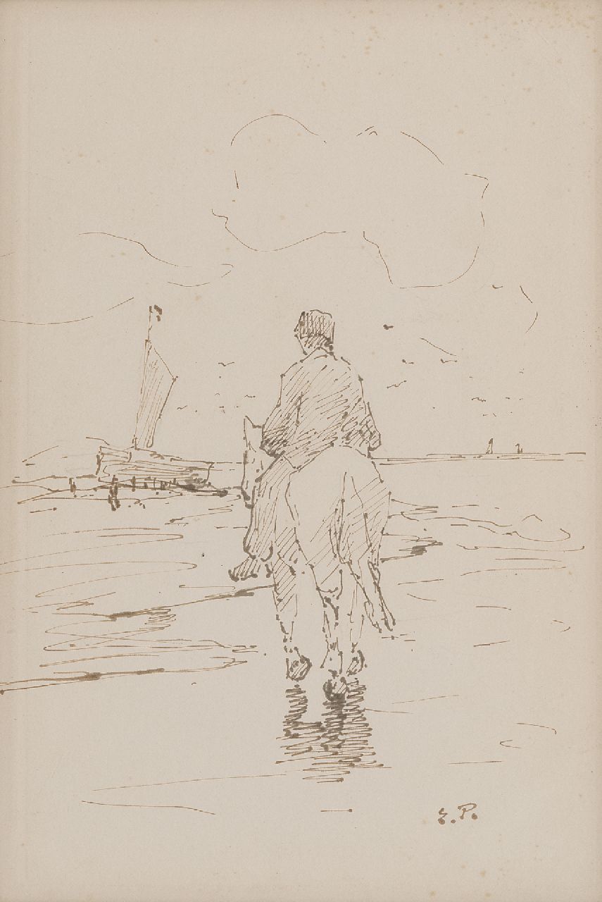 Pieters E.  | Evert Pieters | Aquarellen en tekeningen te koop aangeboden | Lijnhaalder te paard in de branding, inkt op papier 31,9 x 21,7 cm, gesigneerd rechtsonder met initialen