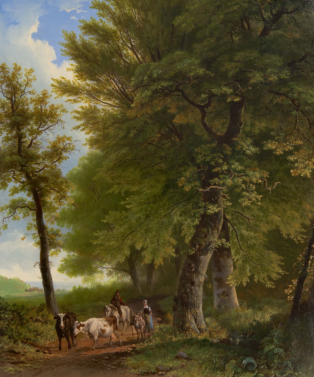 Bodeman W. | Willem Bodeman | Schilderijen te koop aangeboden | Een boerin met vee en een reiziger op een bospad, olieverf op paneel 58,8 x 49,0 cm, gesigneerd linksonder Bodeman W. | Willem Bodeman | Schilderijen te koop aangeboden | Een boerin met vee en een reiziger op een bospad, olieverf op paneel 58,8 x 49,0 cm, gesigneerd linksonder