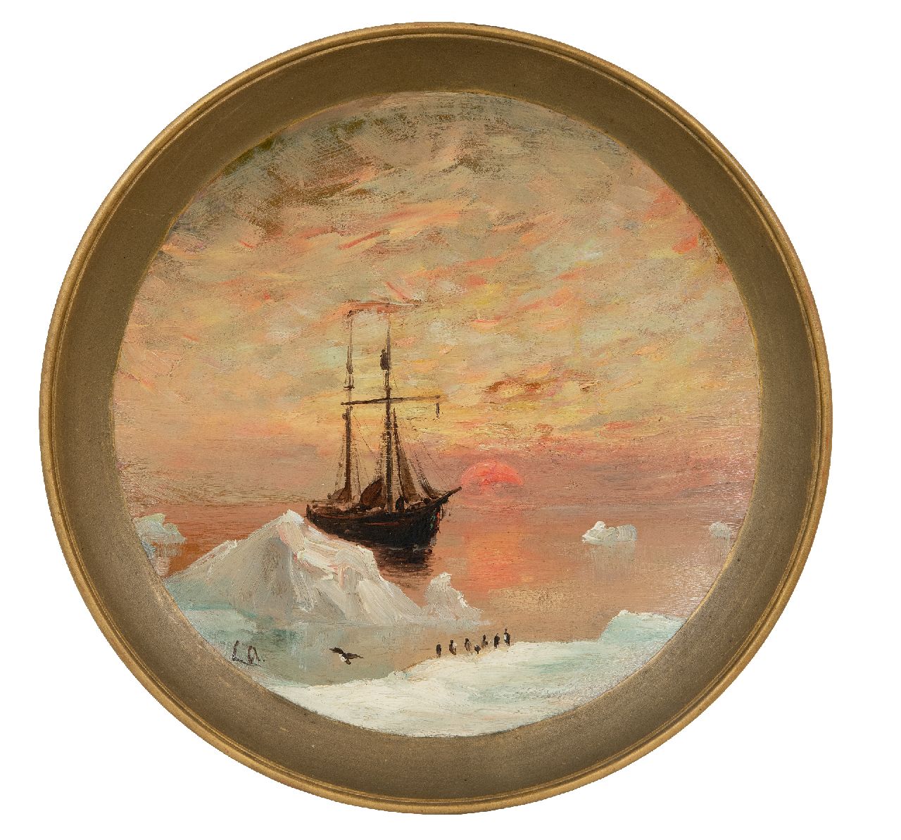 Apol L.F.H.  | Lodewijk Franciscus Hendrik 'Louis' Apol | Schilderijen te koop aangeboden | De Willem Barentsz op Nova Zembla bij zonsondergang, olieverf op keramiek, gesigneerd linksonder met initialen