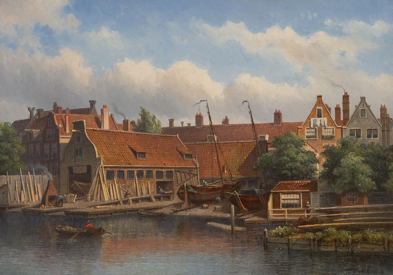 Hilverdink E.A.  | Eduard Alexander Hilverdink, Scheepswerf 'Het Jagt' aan de Looijerssloot in Amsterdam, olieverf op doek 35,0 x 50,2 cm, gesigneerd rechtsonder