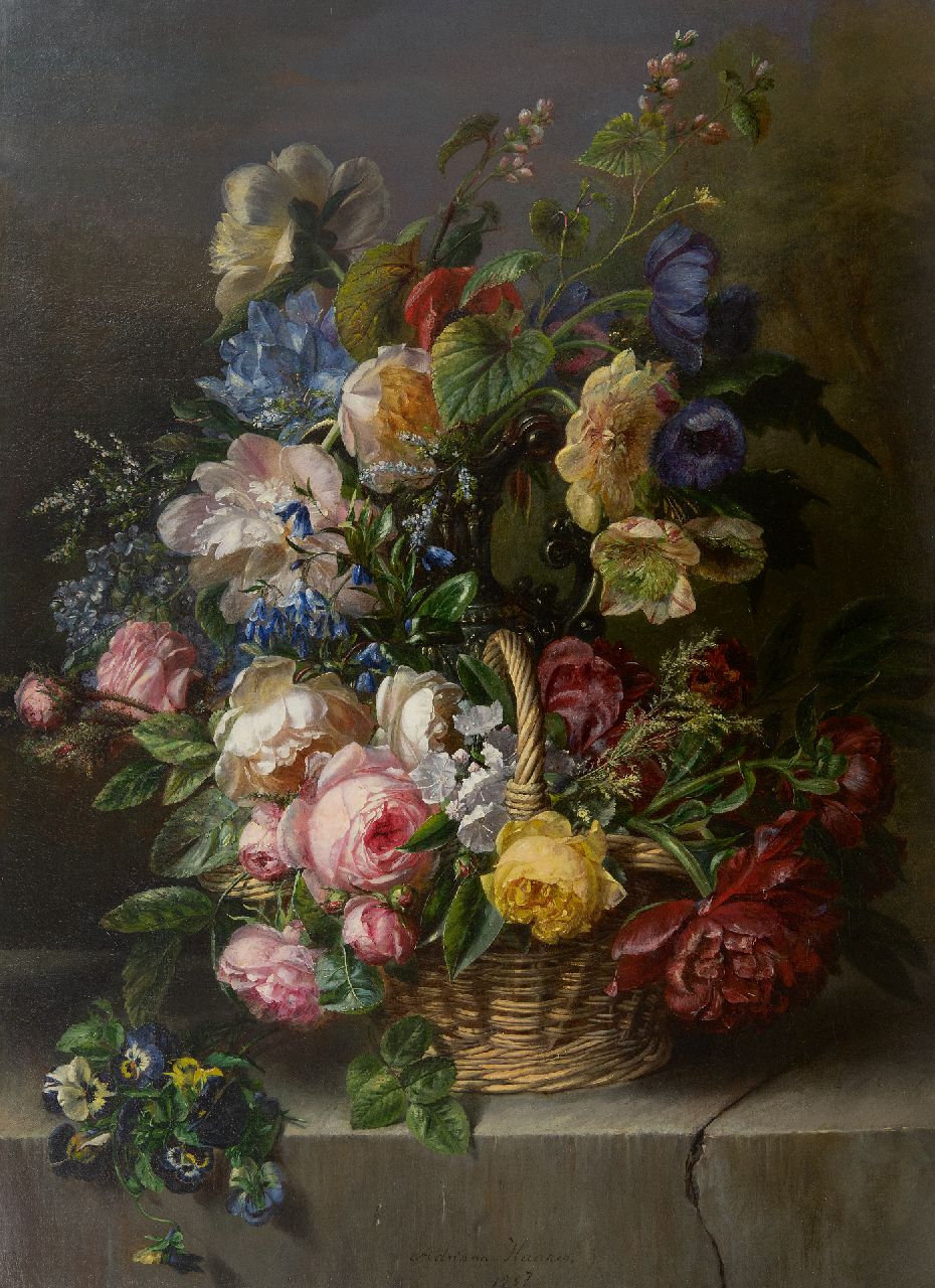 Haanen A.J. | 'Adriana' Johanna Haanen, Weelderig bloemstilleven, olieverf op doek 73,5 x 53,7 cm, gesigneerd middenonder en gedateerd 1857 Haanen A.J. | 'Adriana' Johanna Haanen, Weelderig bloemstilleven, olieverf op doek 73,5 x 53,7 cm, gesigneerd middenonder en gedateerd 1857