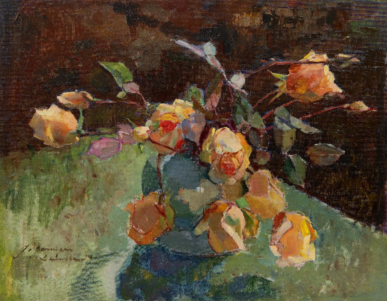 Groningen-Laurillard J.A.G. van | 'Jacoba' Adriana Geertruida van Groningen-Laurillard | Schilderijen te koop aangeboden | Bloemstilleven van gele rozen, olieverf op doek op paneel 39,7 x 49,9 cm, gesigneerd linksonder