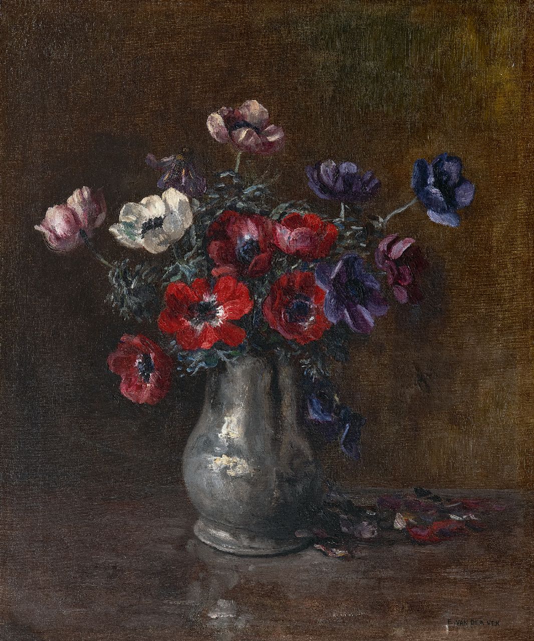 Ven E.E.G. van der | Emanuel Ernest Gerardus 'Manus' van der Ven | Schilderijen te koop aangeboden | Tinnen vaas met anemonen, olieverf op doek 57,0 x 48,5 cm, gesigneerd rechtsonder en zonder lijst