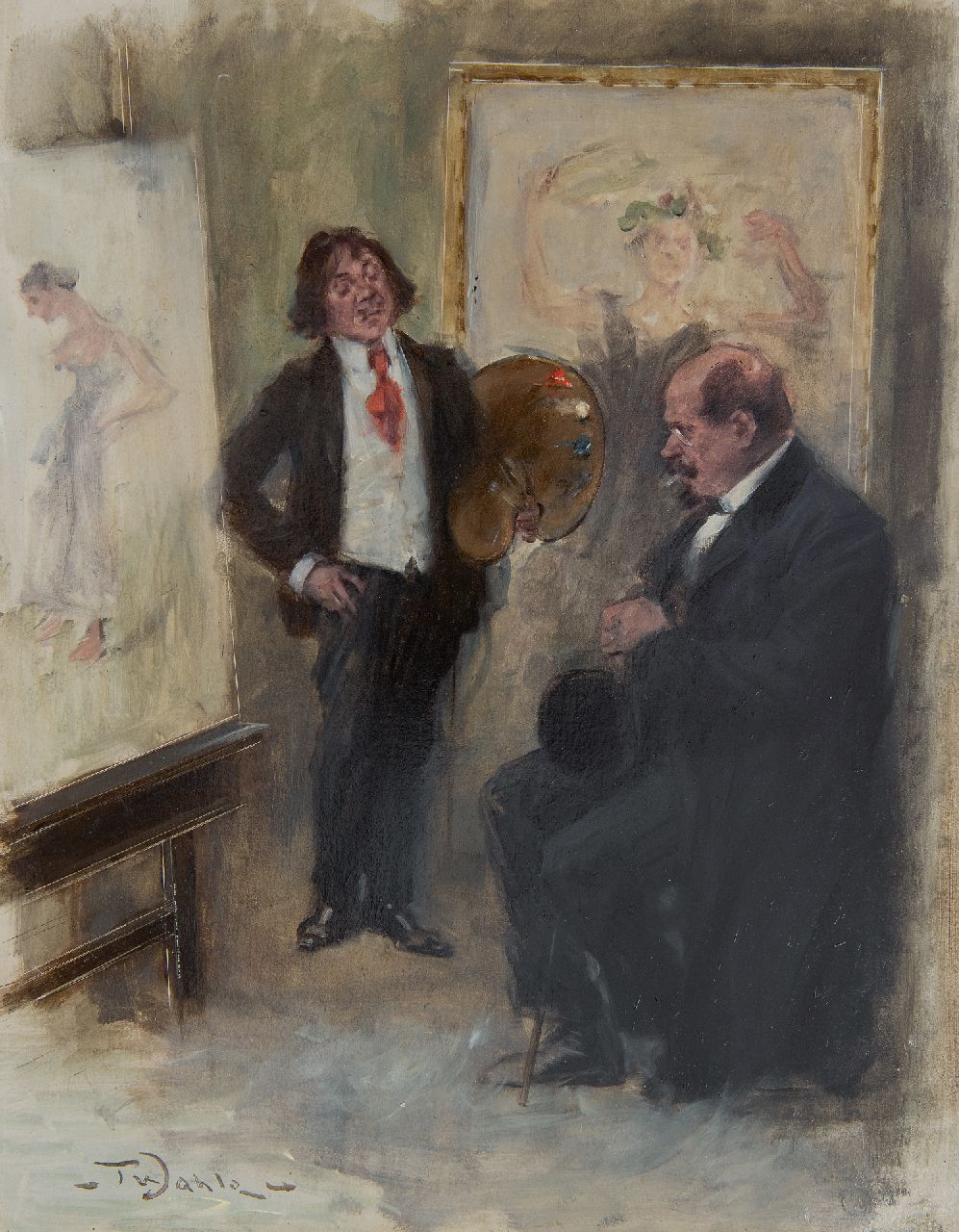 Wahle F. | Friedrich 'Fritz' Wahle, De kritische kunstkoper, olieverf op schildersboard 38,4 x 30,6 cm, gesigneerd linksonder Wahle F. | Friedrich 'Fritz' Wahle, De kritische kunstkoper, olieverf op schildersboard 38,4 x 30,6 cm, gesigneerd linksonder