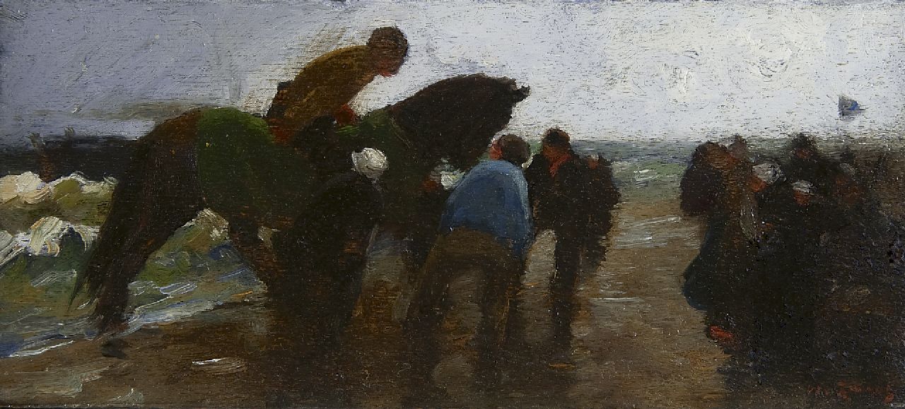 Zwart W.H.P.J. de | Wilhelmus Hendrikus Petrus Johannes 'Willem' de Zwart | Schilderijen te koop aangeboden | In de storm op het strand, olieverf op paneel 11,8 x 26,5 cm, gesigneerd rechtsonder en te dateren 1893-1894