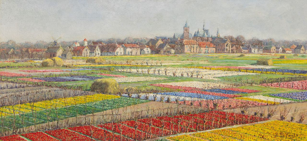 Paets B.T.  | Burchard Theodoor Paets, Bollenvelden bij Noordwijk-Binnen, olieverf op doek 34,6 x 74,2 cm, gesigneerd rechtsonder