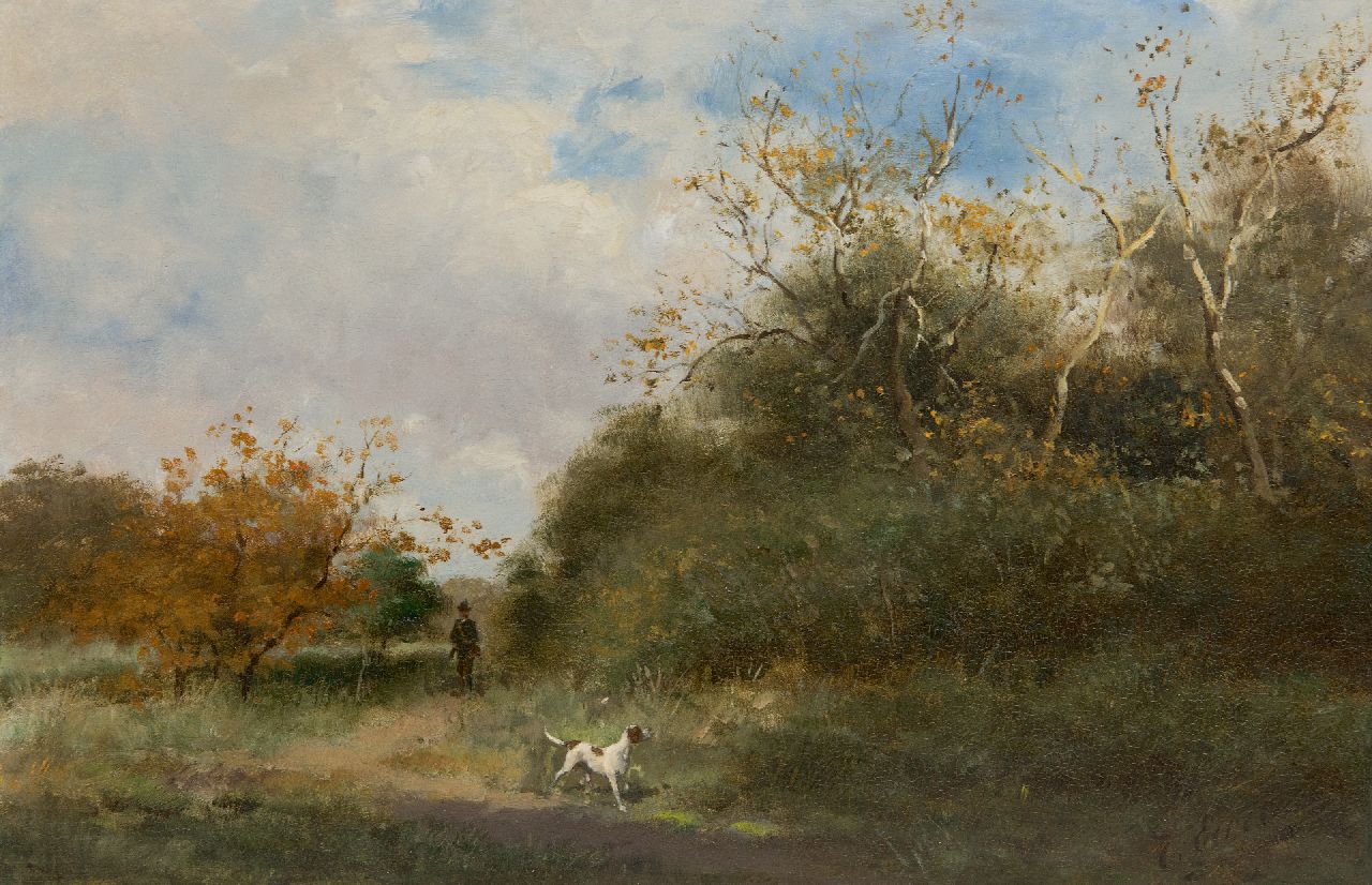 Eerelman O. | Otto Eerelman | Schilderijen te koop aangeboden | Duinlandschap met jager en zijn hond, olieverf op paneel 25,3 x 38,5 cm, gesigneerd rechtsonder Eerelman O. | Otto Eerelman | Schilderijen te koop aangeboden | Duinlandschap met jager en zijn hond, olieverf op paneel 25,3 x 38,5 cm, gesigneerd rechtsonder