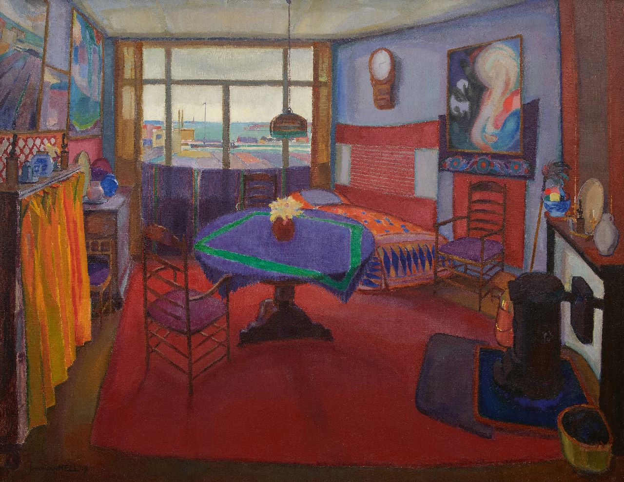 Hell J.G.D. van | Johannes Gerardus Diederik 'Johan' van Hell, Interieur van de huiskamer van de kunstenaar, olieverf op doek 125,0 x 166,3 cm, gesigneerd linksonder en gedateerd '19 Hell J.G.D. van | Johannes Gerardus Diederik 'Johan' van Hell, Interieur van de huiskamer van de kunstenaar, olieverf op doek 125,0 x 166,3 cm, gesigneerd linksonder en gedateerd '19