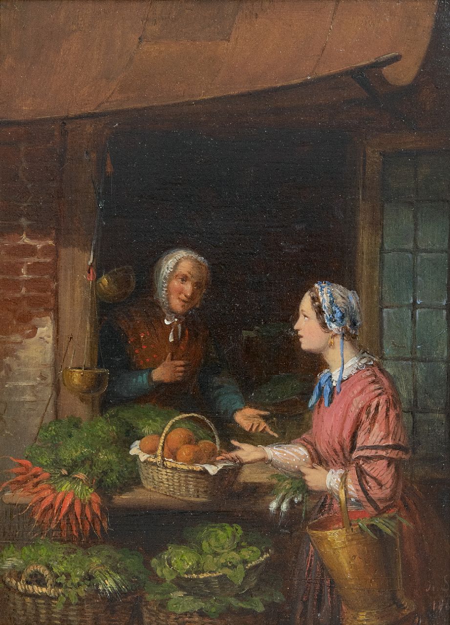 Scheerboom A. | Andries Scheerboom | Schilderijen te koop aangeboden | De groenteverkoopster, olieverf op paneel 34,4 x 25,9 cm, gesigneerd rechtsonder met initialen en gedateerd 1861 Scheerboom A. | Andries Scheerboom | Schilderijen te koop aangeboden | De groenteverkoopster, olieverf op paneel 34,4 x 25,9 cm, gesigneerd rechtsonder met initialen en gedateerd 1861