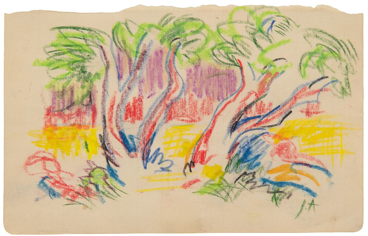 Altink J. | Jan Altink | Aquarellen en tekeningen te koop aangeboden | Doorkijk tussen bomen, krijt op papier 12,6 x 20,1 cm, gesigneerd rechtsonder met initialen Altink J. | Jan Altink | Aquarellen en tekeningen te koop aangeboden | Doorkijk tussen bomen, krijt op papier 12,6 x 20,1 cm, gesigneerd rechtsonder met initialen