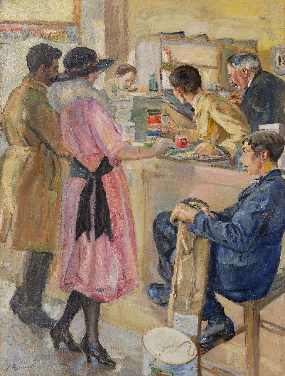 Thysebaert E.  | Emile Thysebaert | Schilderijen te koop aangeboden | In de fourniturenwinkel, olieverf op doek 109,2 x 83,2 cm, gesigneerd linksonder en gedateerd 1923 (onduidelijk)