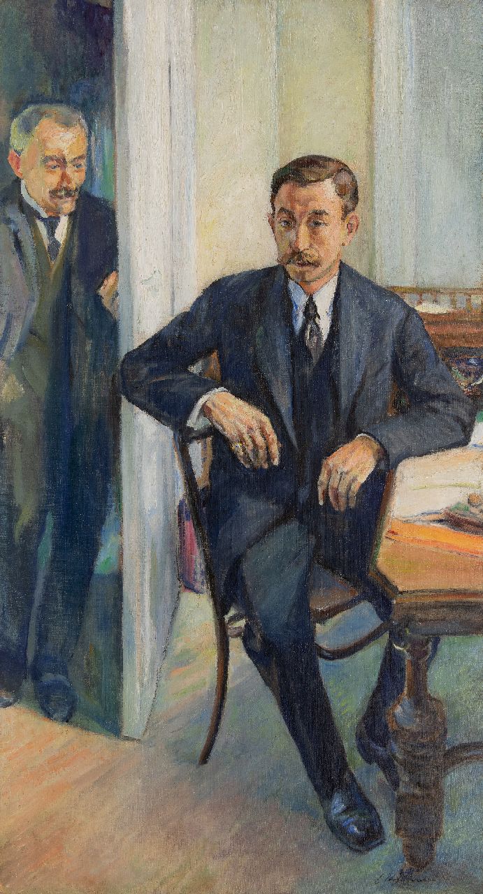 Thysebaert E.  | Emile Thysebaert | Schilderijen te koop aangeboden | Bij de stoffenverkoper: de directeur, olieverf op doek 109,5 x 59,1 cm, gesigneerd rechtsonder en zonder lijst