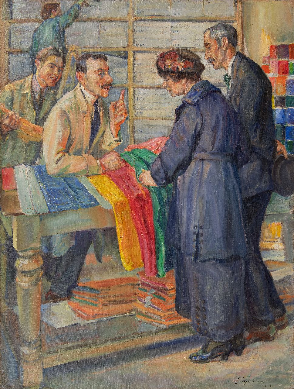 Thysebaert E.  | Emile Thysebaert | Schilderijen te koop aangeboden | In de stoffenwinkel, olieverf op doek 109,2 x 83,0 cm, gesigneerd rechtsonder en gedateerd 1922 (onduidelijk)