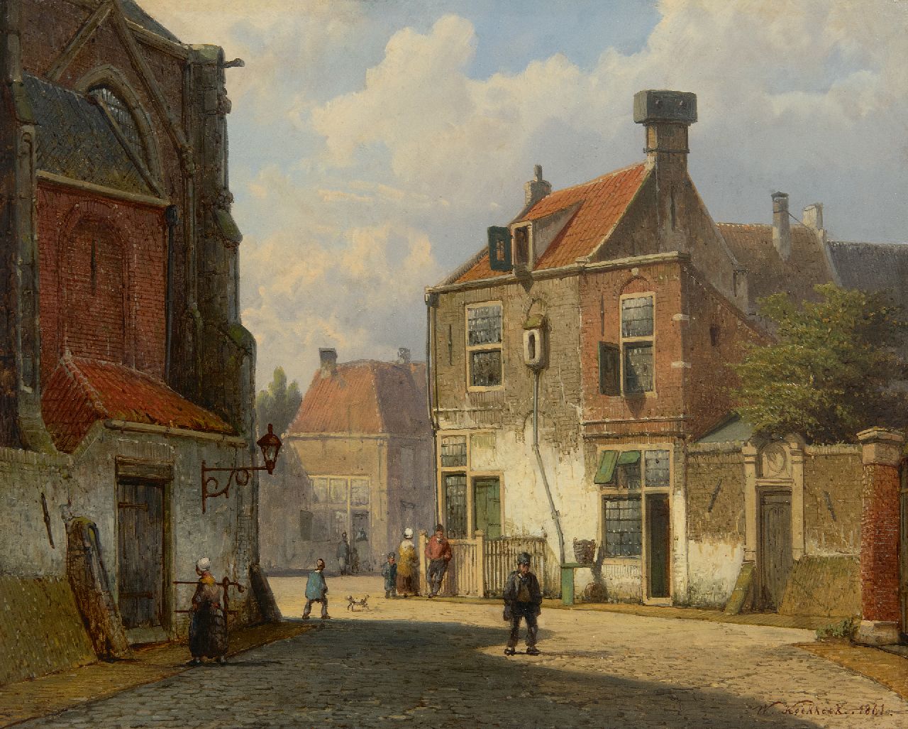 Koekkoek W. | Willem Koekkoek | Schilderijen te koop aangeboden | Zonnig dorpsstraatje met figuren, olieverf op paneel 28,7 x 35,7 cm, gesigneerd rechtsonder en gedateerd 1861 Koekkoek W. | Willem Koekkoek | Schilderijen te koop aangeboden | Zonnig dorpsstraatje met figuren, olieverf op paneel 28,7 x 35,7 cm, gesigneerd rechtsonder en gedateerd 1861