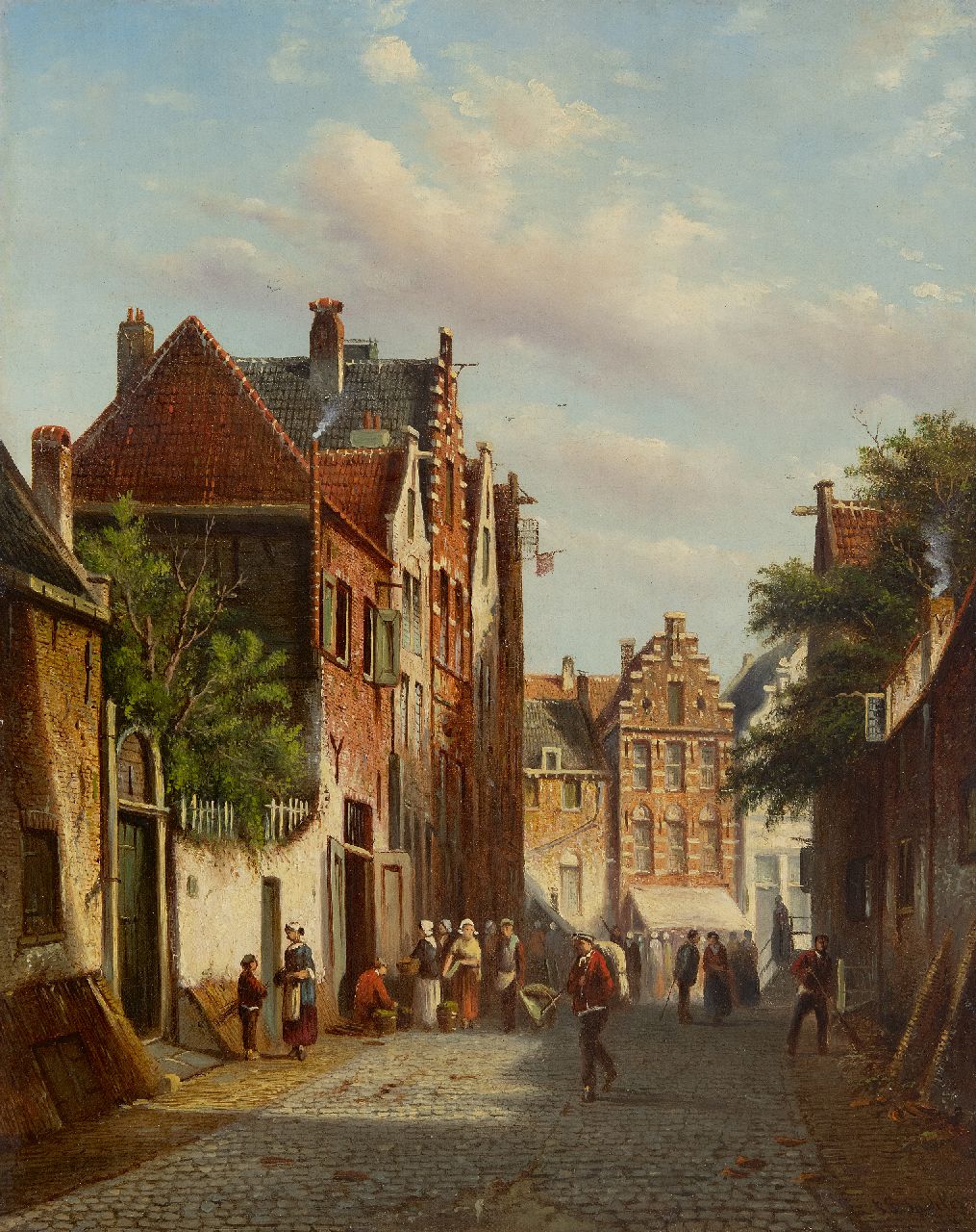 Spohler J.F.  | Johannes Franciscus Spohler | Schilderijen te koop aangeboden | Bedrijvigheid in een zonovergoten straat, olieverf op doek 44,3 x 35,3 cm, gesigneerd rechtsonder