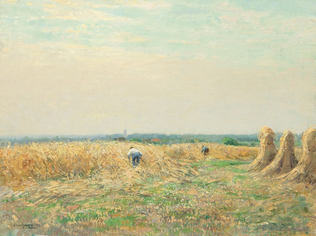 Schagen G.F. van | Gerbrand Frederik van Schagen | Schilderijen te koop aangeboden | Rogge oogsten, olieverf op doek 60,5 x 80,7 cm, gesigneerd linksonder en gedateerd 1927 Schagen G.F. van | Gerbrand Frederik van Schagen | Schilderijen te koop aangeboden | Rogge oogsten, olieverf op doek 60,5 x 80,7 cm, gesigneerd linksonder en gedateerd 1927