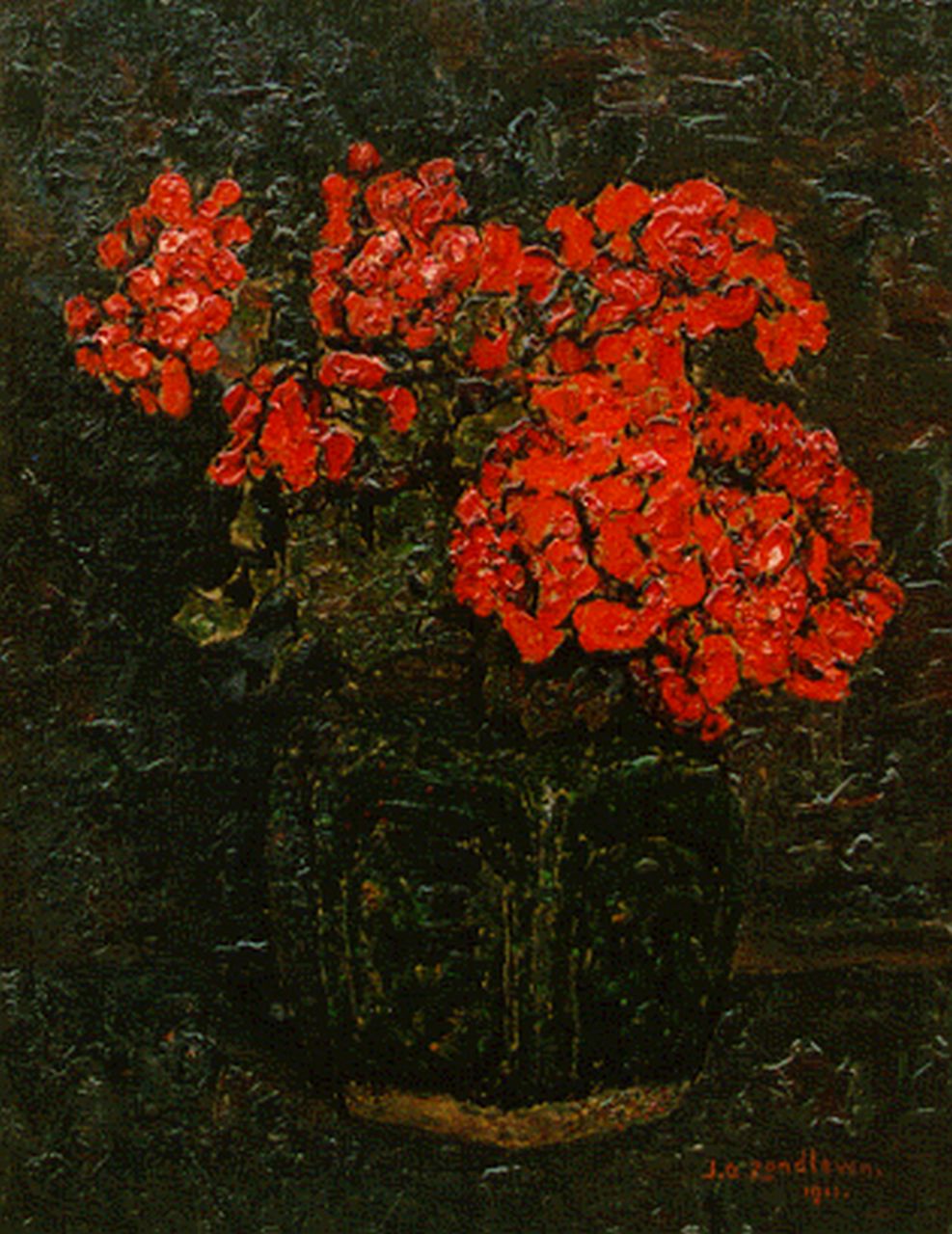 Zandleven J.A. | Jan Adam Zandleven, Chrysanten in een gemberpot, olieverf op doek op paneel 40,8 x 31,5 cm, gesigneerd rechtsonder en gedateerd 1911 Zandleven J.A. | Jan Adam Zandleven, Chrysanten in een gemberpot, olieverf op doek op paneel 40,8 x 31,5 cm, gesigneerd rechtsonder en gedateerd 1911