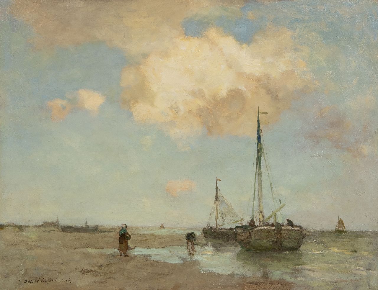 Weissenbruch H.J. | Hendrik Johannes 'J.H.' Weissenbruch | Schilderijen te koop aangeboden | Bomschuiten aan de vloedlijn, olieverf op doek 38,9 x 50,9 cm, gesigneerd linksonder Weissenbruch H.J. | Hendrik Johannes 'J.H.' Weissenbruch | Schilderijen te koop aangeboden | Bomschuiten aan de vloedlijn, olieverf op doek 38,9 x 50,9 cm, gesigneerd linksonder