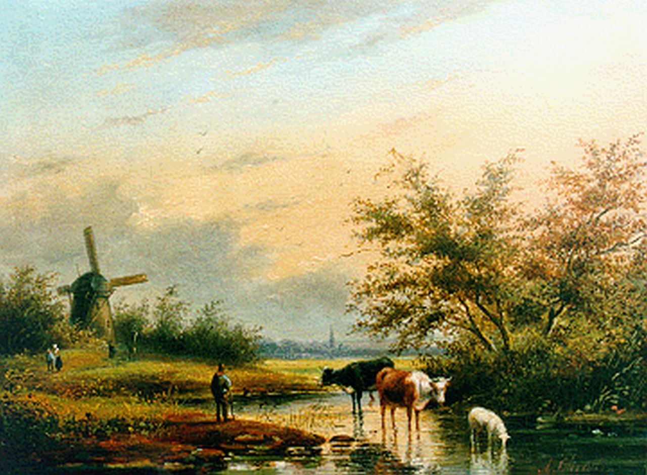 Hendriks G.  | Gerardus 'George Henry' Hendriks, Zomers rivierlandschap met wadende koeien, olieverf op paneel 22,0 x 29,7 cm, gesigneerd rechtsonder met A. Christ en te dateren ca. 1858