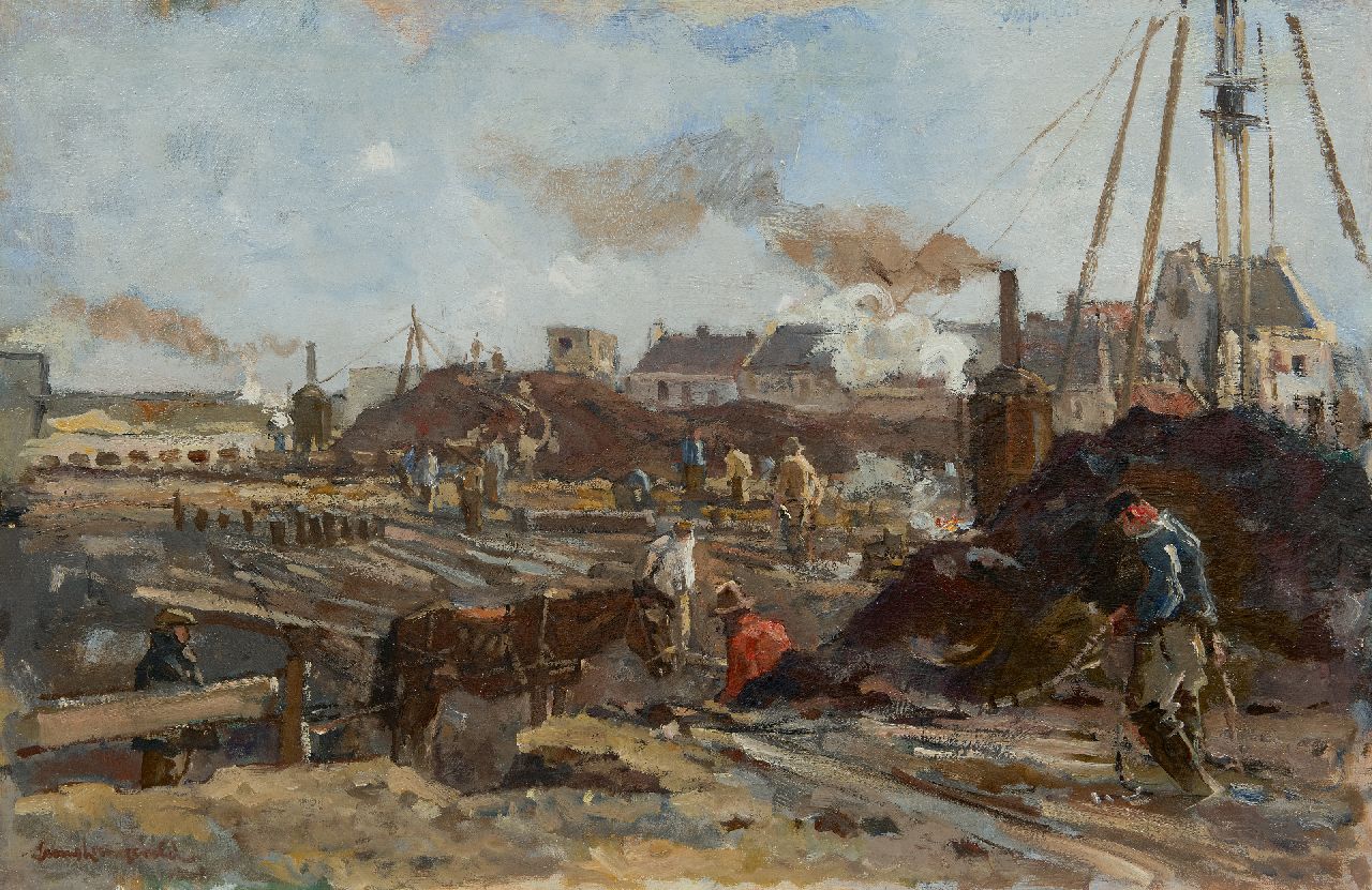 Langeveld F.A. | Franciscus Arnoldus 'Frans' Langeveld | Schilderijen te koop aangeboden | Bouwplaats met stoomheimachines, olieverf op doek 47,1 x 71,4 cm, gesigneerd linksonder Langeveld F.A. | Franciscus Arnoldus 'Frans' Langeveld | Schilderijen te koop aangeboden | Bouwplaats met stoomheimachines, olieverf op doek 47,1 x 71,4 cm, gesigneerd linksonder