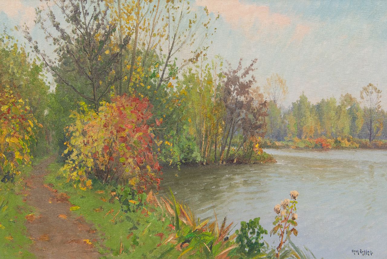Dekker H.N. | Henricus Nicolaas 'Henk' Dekker, Rivieroever in de herfst, olieverf op doek 40,3 x 60,2 cm, gesigneerd rechtsonder Dekker H.N. | Henricus Nicolaas 'Henk' Dekker, Rivieroever in de herfst, olieverf op doek 40,3 x 60,2 cm, gesigneerd rechtsonder