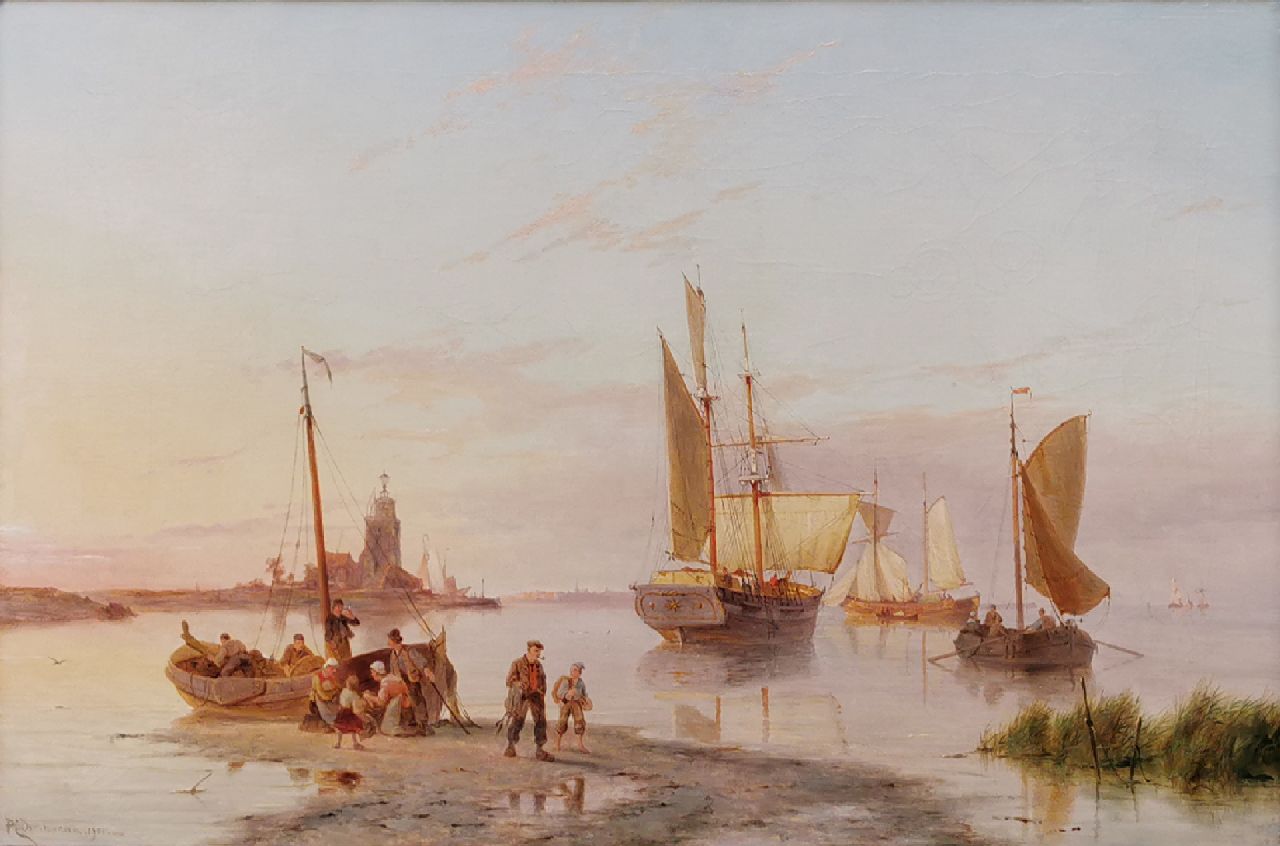 Dommershuijzen P.C. | Pieter Cornelis Dommershuijzen, Schepen op een windstille dag bij een haveninham, olieverf op doek 50,8 x 76,8 cm, gesigneerd linksonder en gedateerd 1901 Dommershuijzen P.C. | Pieter Cornelis Dommershuijzen, Schepen op een windstille dag bij een haveninham, olieverf op doek 50,8 x 76,8 cm, gesigneerd linksonder en gedateerd 1901