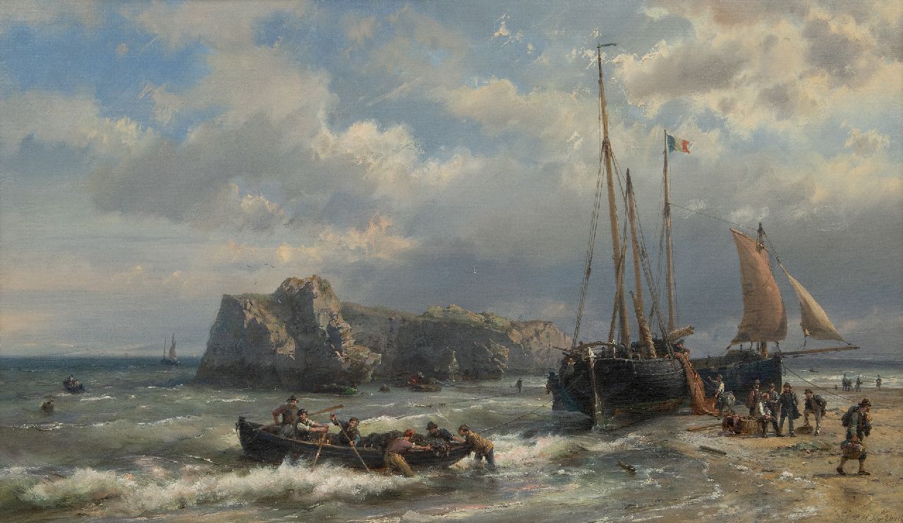 Koekkoek H. | Hermanus Koekkoek, Schepen en vissers aan de Franse kust, olieverf op doek 45,1 x 76,7 cm, gesigneerd rechtsonder en te dateren eind jaren 60 VERKOCHT Koekkoek H. | Hermanus Koekkoek, Schepen en vissers aan de Franse kust, olieverf op doek 45,1 x 76,7 cm, gesigneerd rechtsonder en te dateren eind jaren 60 VERKOCHT