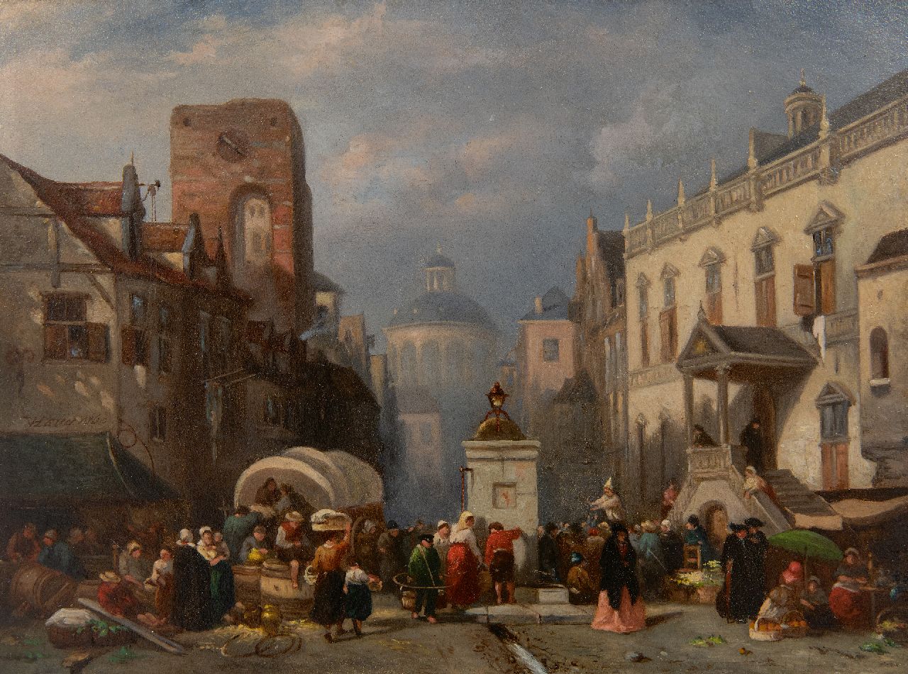 Heun W.M. van | Willem Maxiliaan van Heun, Een drukke dag op de markt, olieverf op paneel 20,6 x 27,8 cm, gesigneerd links van het midden en gedateerd 1860, zonder lijst Heun W.M. van | Willem Maxiliaan van Heun, Een drukke dag op de markt, olieverf op paneel 20,6 x 27,8 cm, gesigneerd links van het midden en gedateerd 1860, zonder lijst