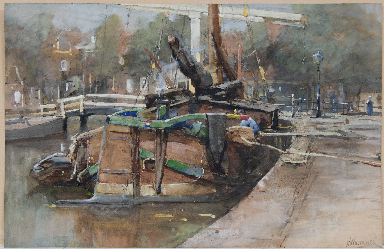 Wijsmuller J.H. | Jan Hillebrand Wijsmuller | Aquarellen en tekeningen te koop aangeboden | Afgemeerde tjalk aan de kade, aquarel op papier 33,5 x 51,0 cm, gesigneerd rechtsonder Wijsmuller J.H. | Jan Hillebrand Wijsmuller | Aquarellen en tekeningen te koop aangeboden | Afgemeerde tjalk aan de kade, aquarel op papier 33,5 x 51,0 cm, gesigneerd rechtsonder