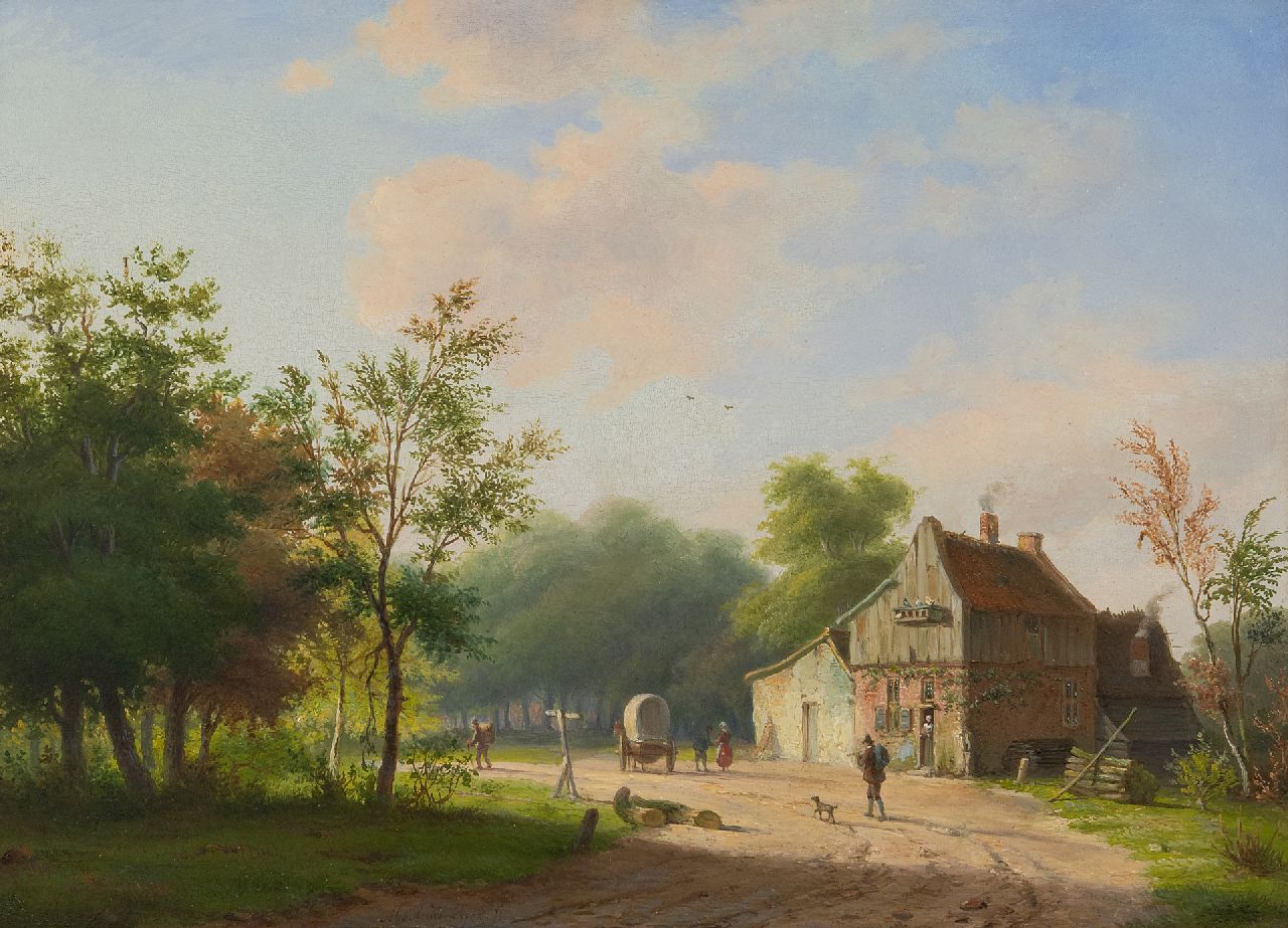 Koekkoek P.H. | Pieter Hendrik 'H.P.' Koekkoek | Schilderijen te koop aangeboden | Landweg met boerenhuis en figuren, olieverf op paneel 28,3 x 38,8 cm, gesigneerd middenonder M.A. Koekkoek Koekkoek P.H. | Pieter Hendrik 'H.P.' Koekkoek | Schilderijen te koop aangeboden | Landweg met boerenhuis en figuren, olieverf op paneel 28,3 x 38,8 cm, gesigneerd middenonder M.A. Koekkoek