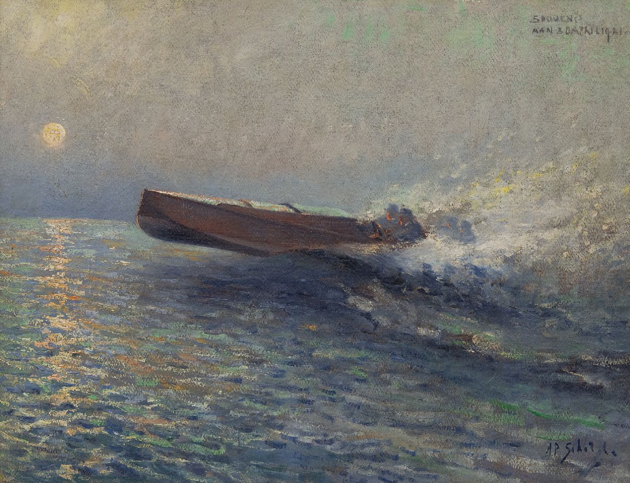 Schotel A.P. | Anthonie Pieter Schotel, Speedboot op zee bij zonsondergang, olieverf op doek 43,6 x 57,3 cm, gesigneerd rechtsonder Schotel A.P. | Anthonie Pieter Schotel, Speedboot op zee bij zonsondergang, olieverf op doek 43,6 x 57,3 cm, gesigneerd rechtsonder