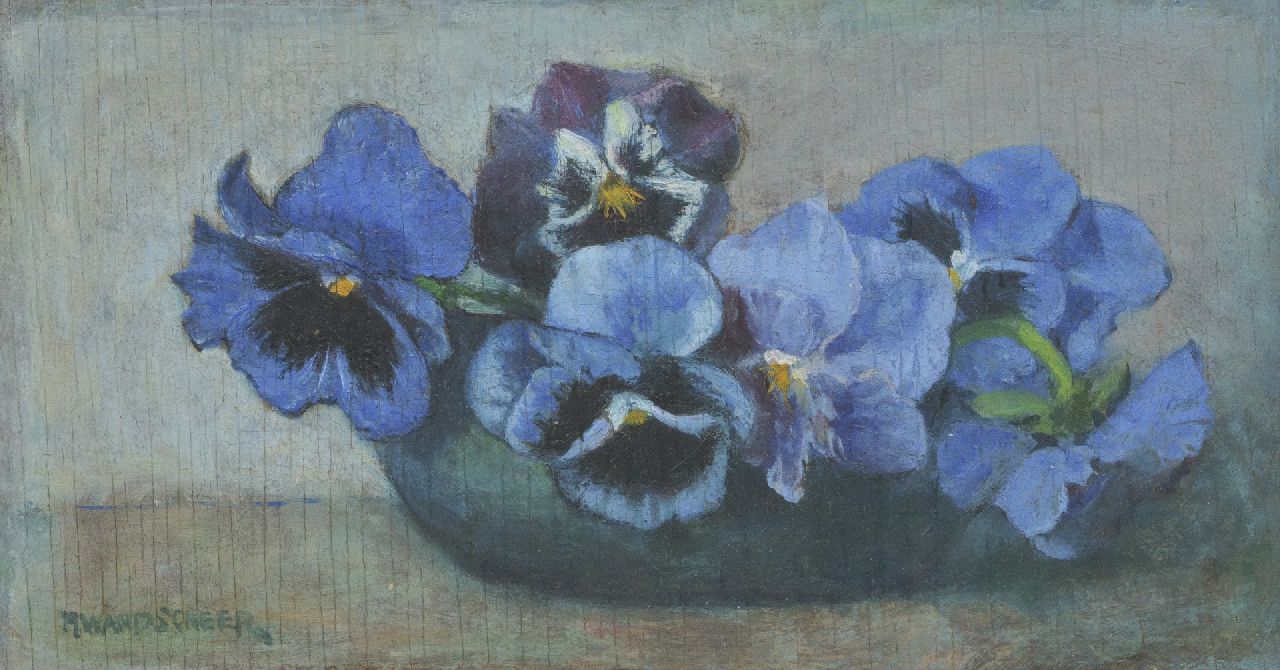 Wandscheer M.W. | Maria Wilhelmina 'Marie' Wandscheer, Blauwe violen, olieverf op paneel 13,4 x 24,4 cm, gesigneerd linksonder Wandscheer M.W. | Maria Wilhelmina 'Marie' Wandscheer, Blauwe violen, olieverf op paneel 13,4 x 24,4 cm, gesigneerd linksonder
